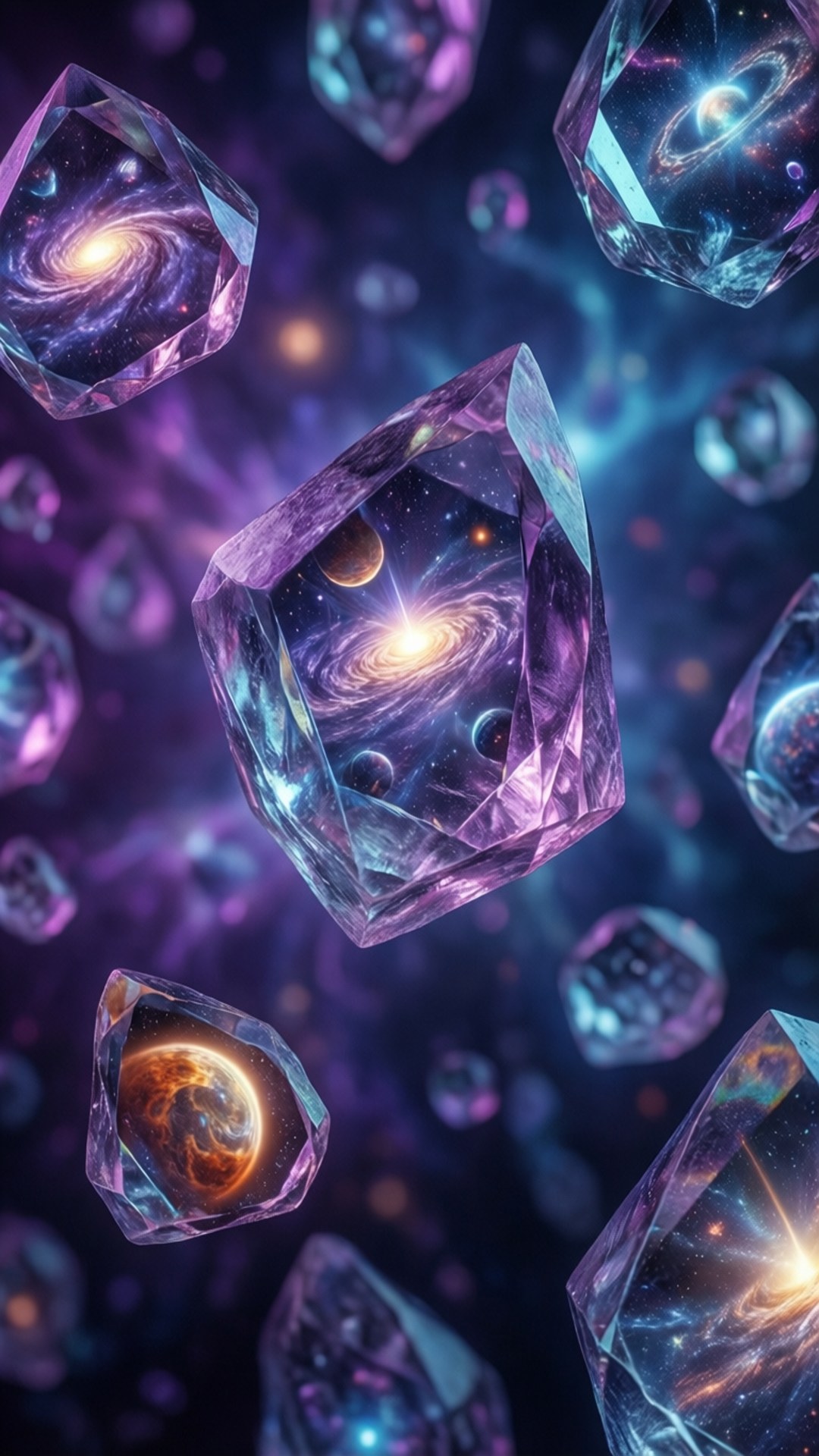 Quantum Crystal Multiverse 壁紙 — 閃爍的紫色和藍色水晶球體漂浮在太空中，每個球體的多面體內部都包含一個生動的星系或行星。