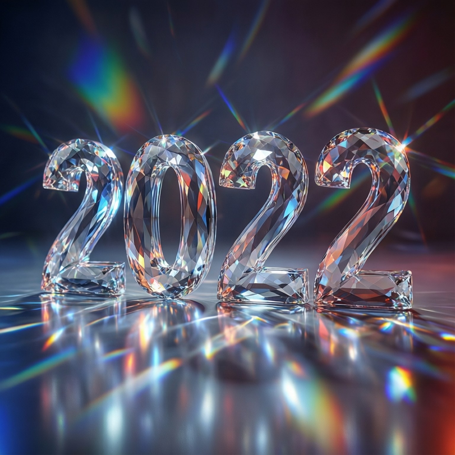 Crystal 3D 2022 Abstract 壁紙 — 閃爍的鑽石切割數字2022在反射表面上閃耀著彩虹折射，背景為黑暗發光。