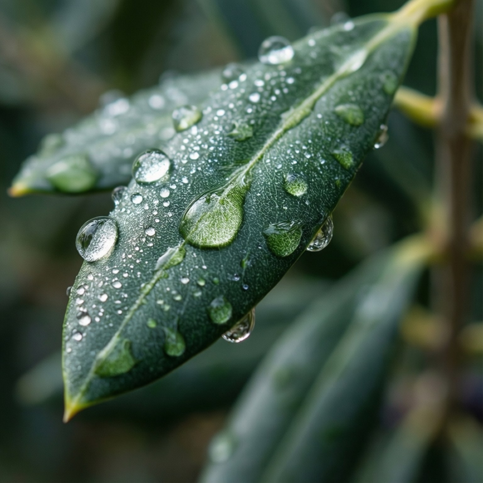 Dew on Olive Leaf 壁紙 — 閃爍的水珠依附在充滿活力的綠色葉子的紋理表面上，處於柔焦的自然環境中。