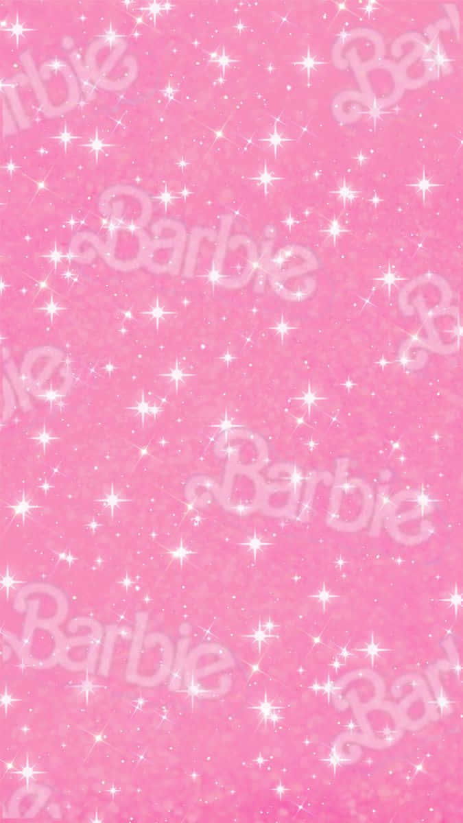 Glitter Barbie Aesthetic 桌布 壁紙 — 閃爍的粉紅色壁紙，帶有重複的白色Barbie標誌和閃閃發光的星爆。
