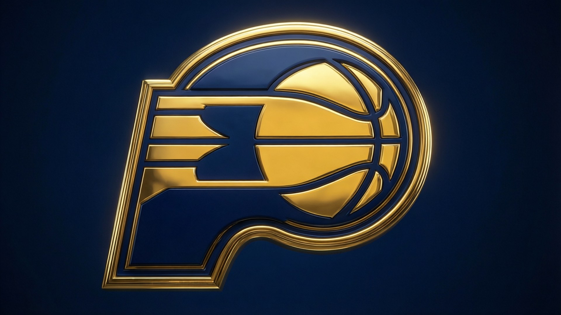 Gold Metal Logo 壁紙 — 閃耀金色的印第安納溜馬隊標誌，帶有籃球設計，置於深藍色背景上。