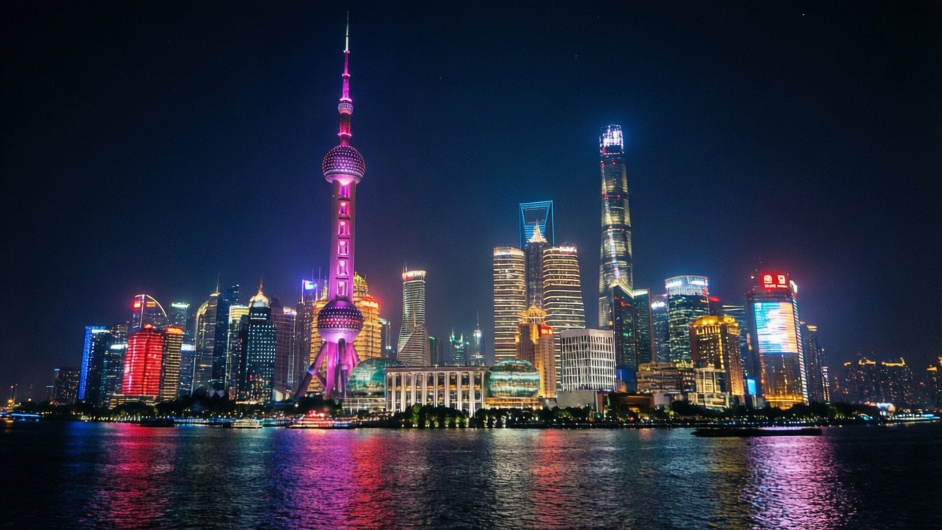 Shanghai Skyline Night 壁紙 — 上海天際線的迷人夜景，東方明珠塔閃爍粉紅色光芒，摩天大樓倒映在黃浦江中。