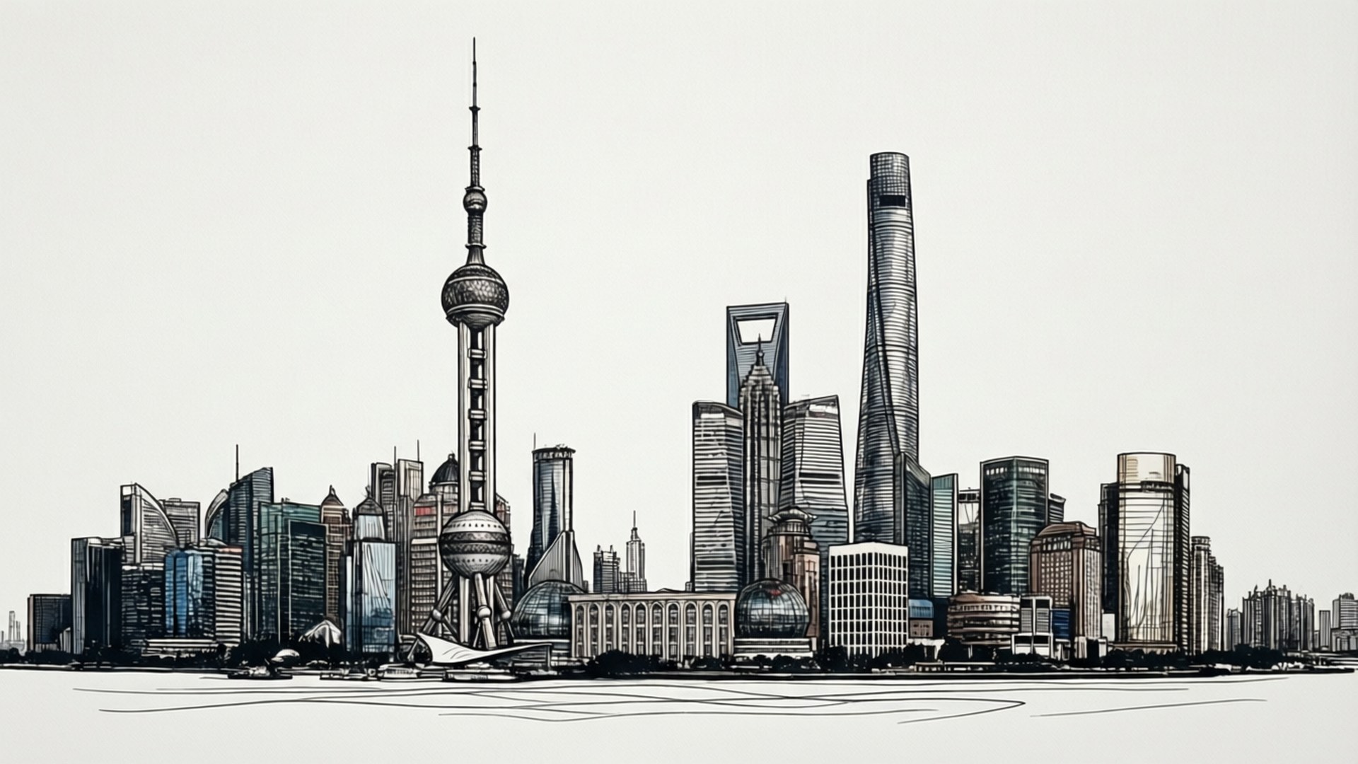 Line Art Skyline 壁紙 — 一幅詳細的黑白線條藝術插圖，描繪了上海標誌性的天際線，包括東方明珠塔和上海中心大廈，背景為淺色。