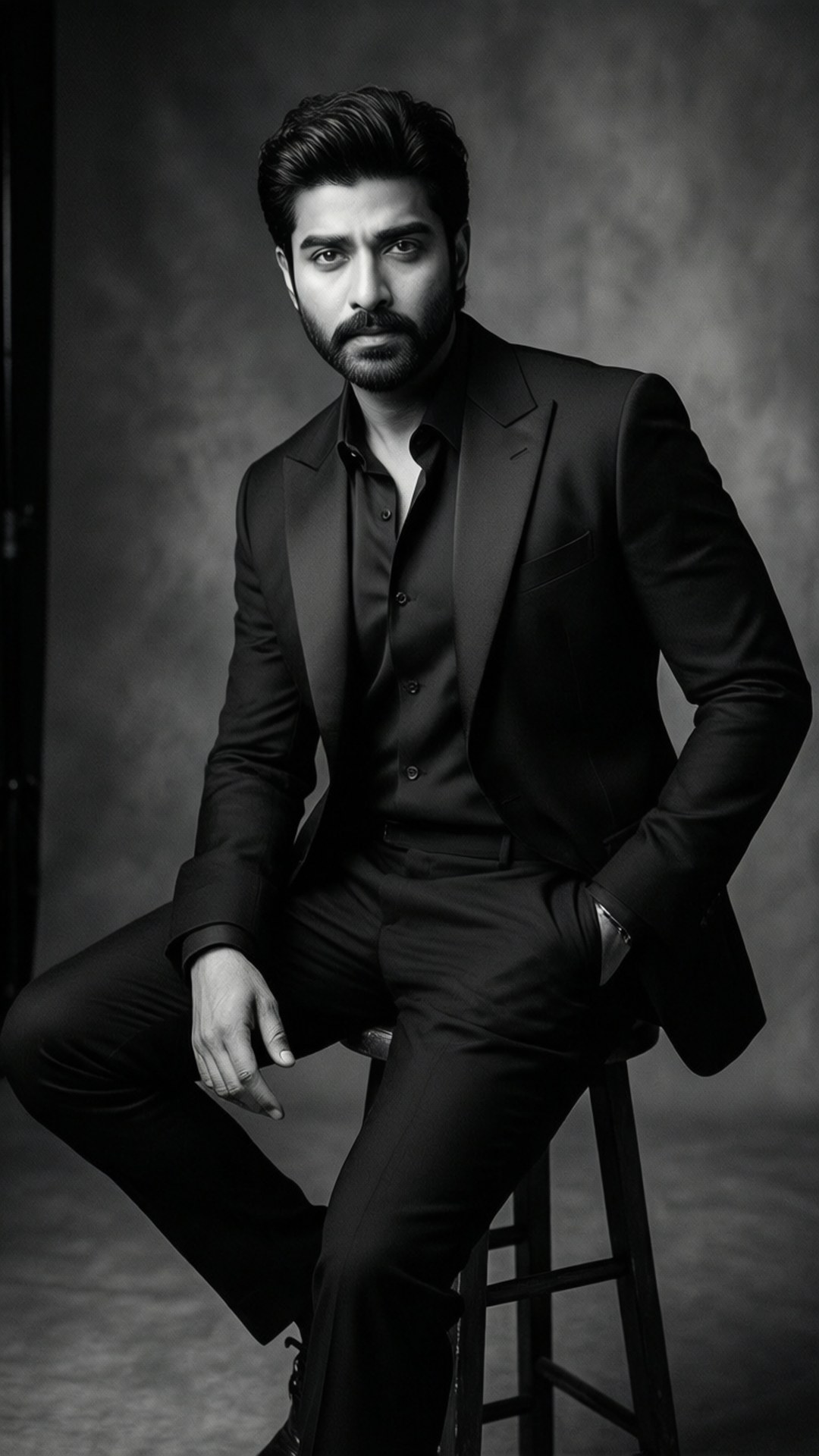 Dramatic Tuxedo Portrait 壁紙 — 一位穿著黑色西裝、打扮俐落的男士自信地坐在凳子上，背景是帶紋理的灰色，形成戲劇性的黑白肖像。