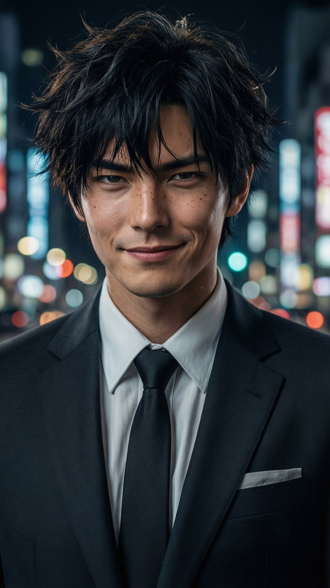 Suit and City Nights 壁紙 — 一位衣著講究、黑髮凌亂的男子，在夜間充滿活力的散景城市景觀中自信地微笑。