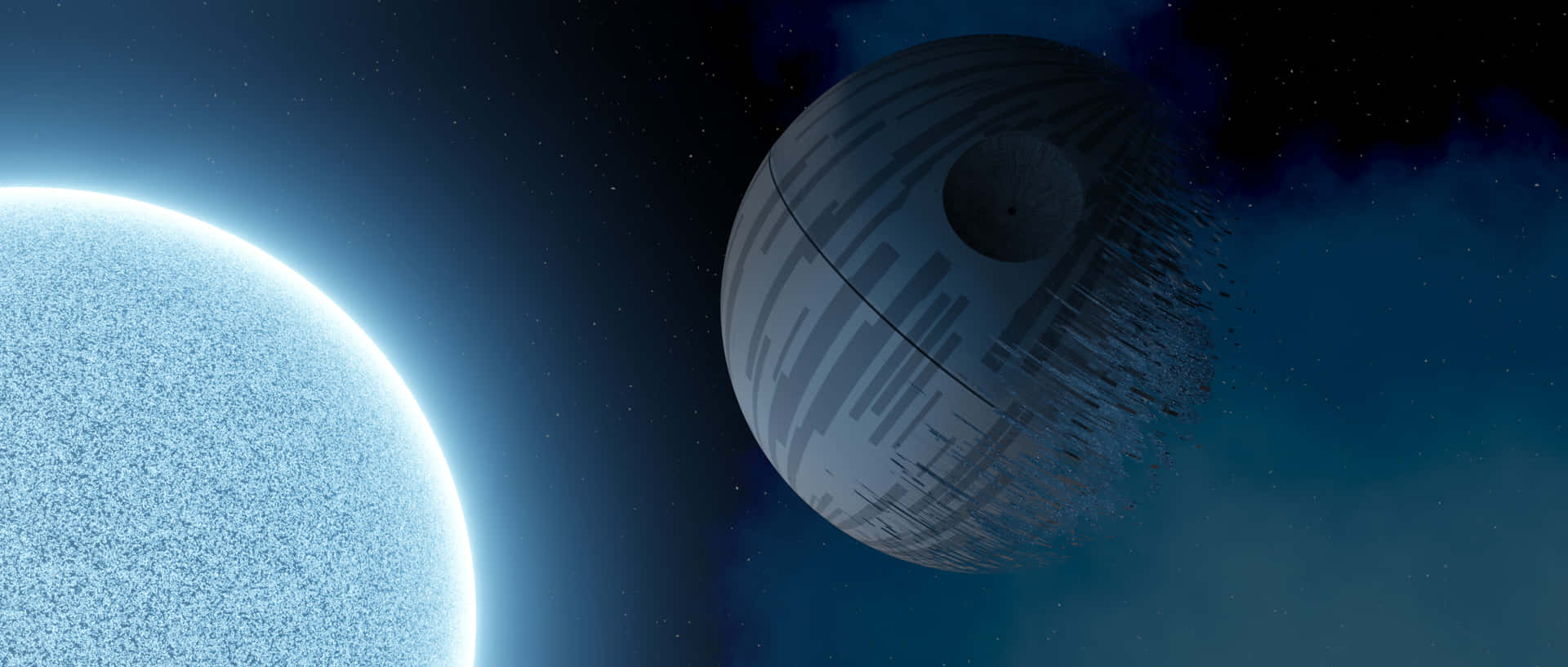  壁紙 — 破碎的死星在深空中漂流，靠近一顆帶有旋轉星雲的發光藍色恆星。