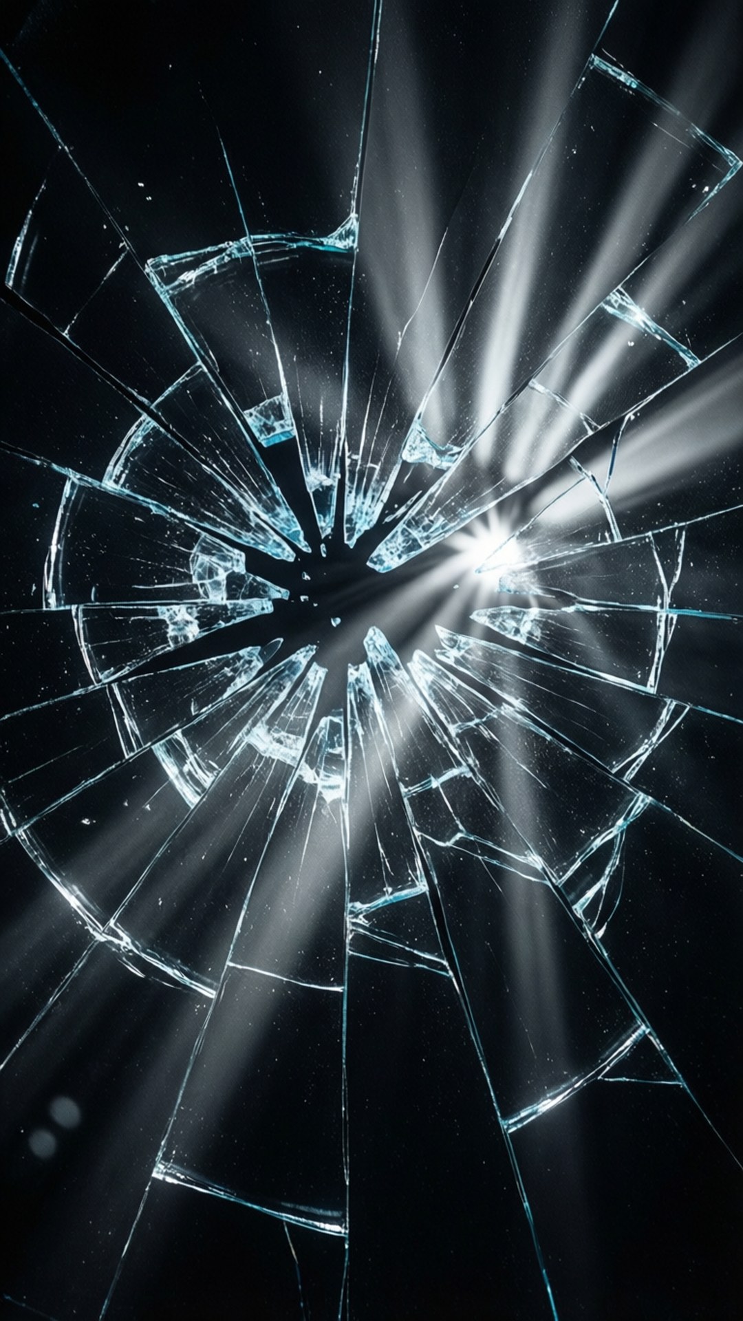 Shattered Glass Light 壁紙 — 一塊破碎的玻璃表面，尖銳的碎片從中央撞擊點向外輻射，明亮的燈光在黑暗背景下穿透而出。