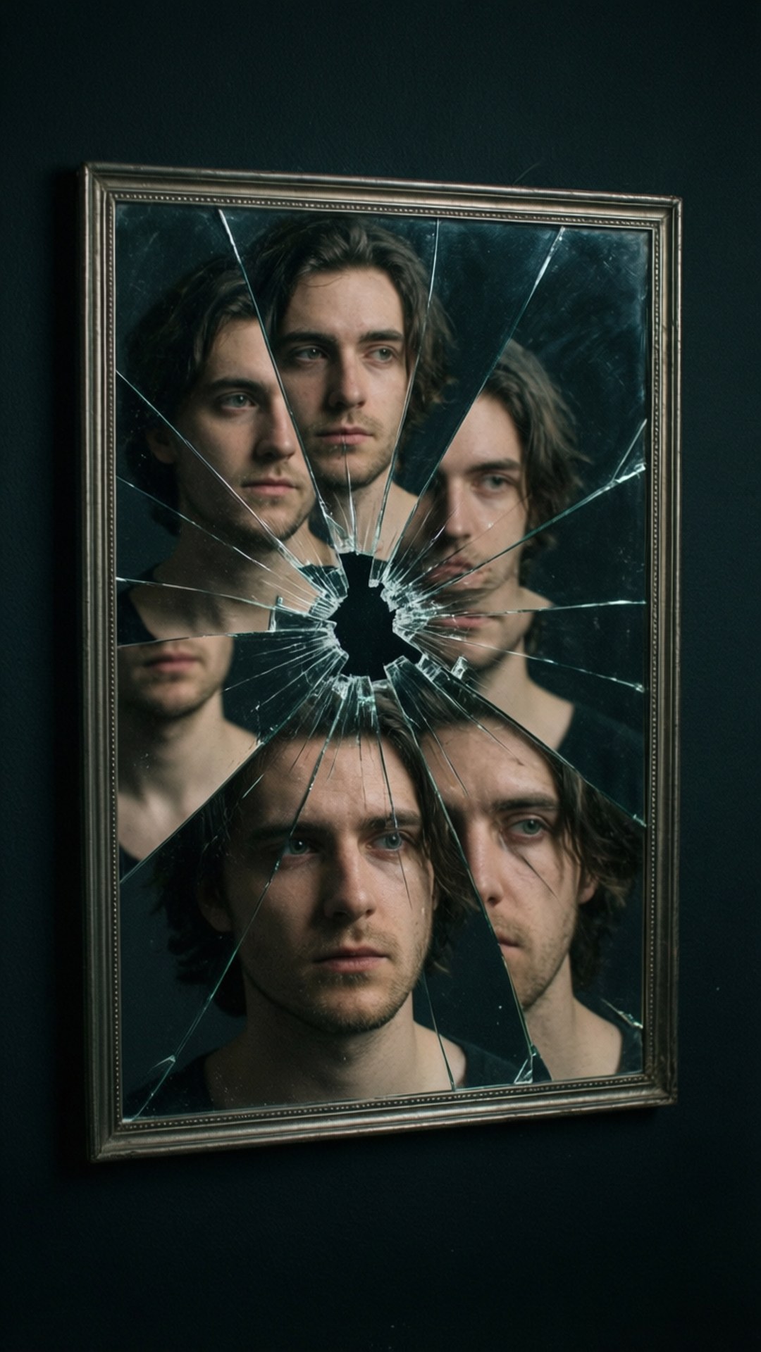 Mirror of Selves 壁紙 — 一個金色畫框中的破碎鏡子，在黑暗的牆壁上反射出一個男人的多個碎片面孔。