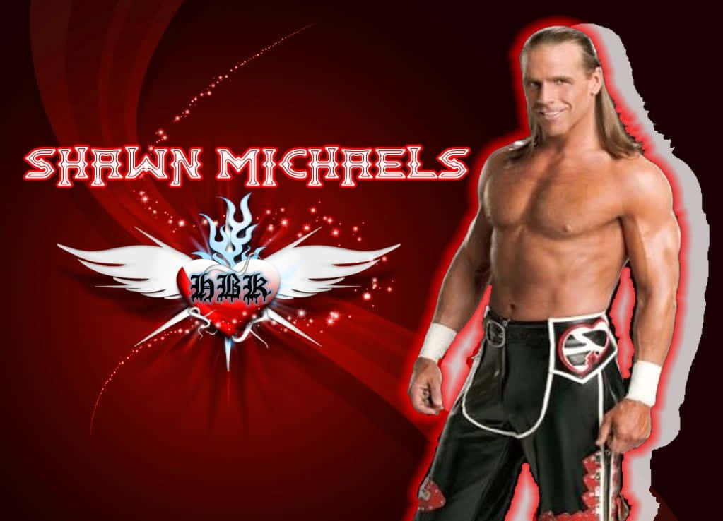 shawn michaels 桌布 壁紙 — Shawn Michaels 自信地穿著黑色摔角短褲，站在帶有他的標誌和名字的動感紅色背景前。