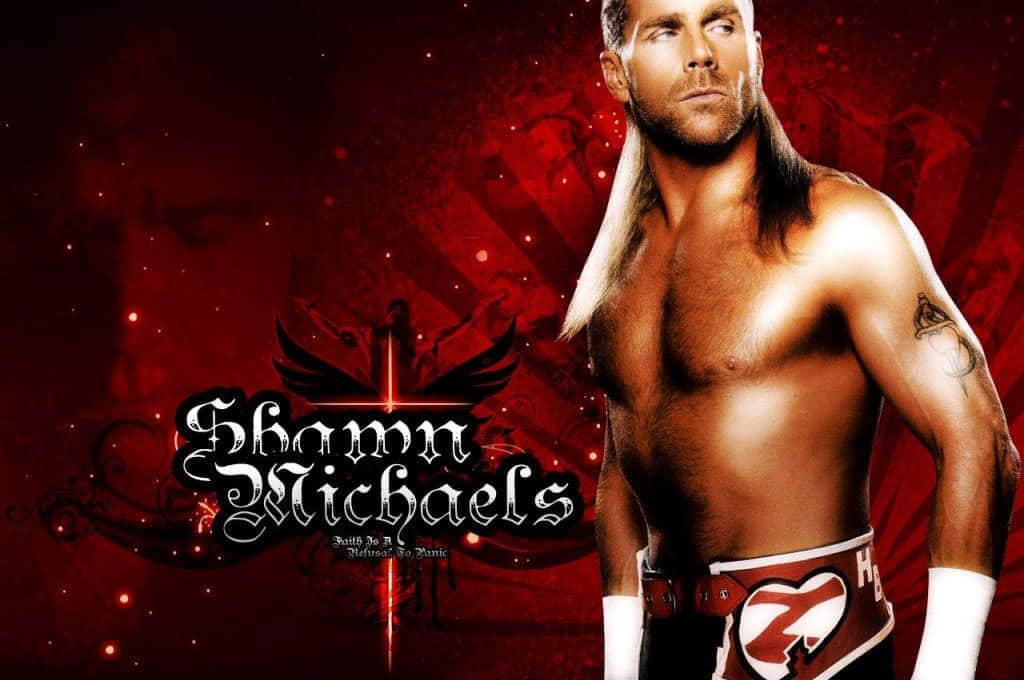 摔角 桌布 壁紙 — Shawn Michaels 自信地站在紅色主題的摔角宣傳照中，留著標誌性的金色長髮，佩戴心形標誌腰帶。