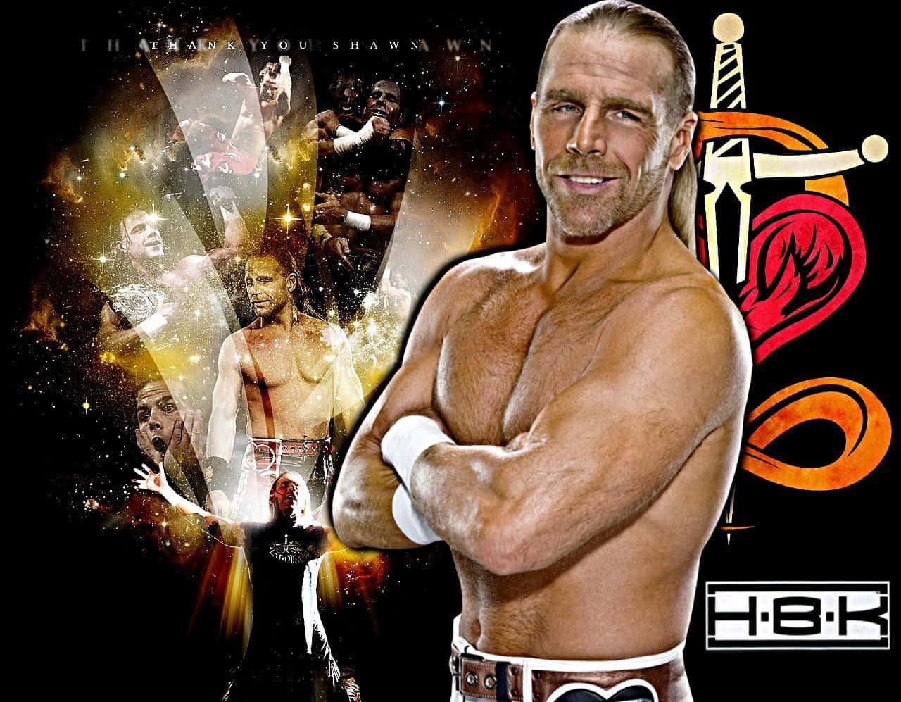 shawn michaels 桌布 壁紙 — Shawn Michaels 自信地交叉雙臂站立，周圍環繞著發光的摔角動作場景和火熱的圖形。
