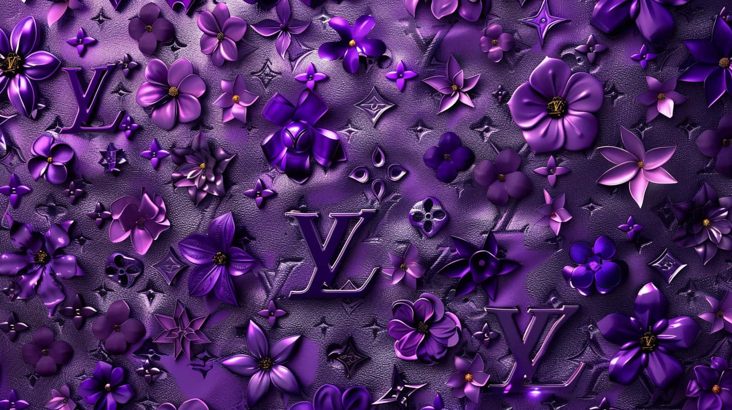  壁紙 — 奢華紫色壁紙，採用3D花卉圖案和壓花路易威登字母組合，質感皮革表面。