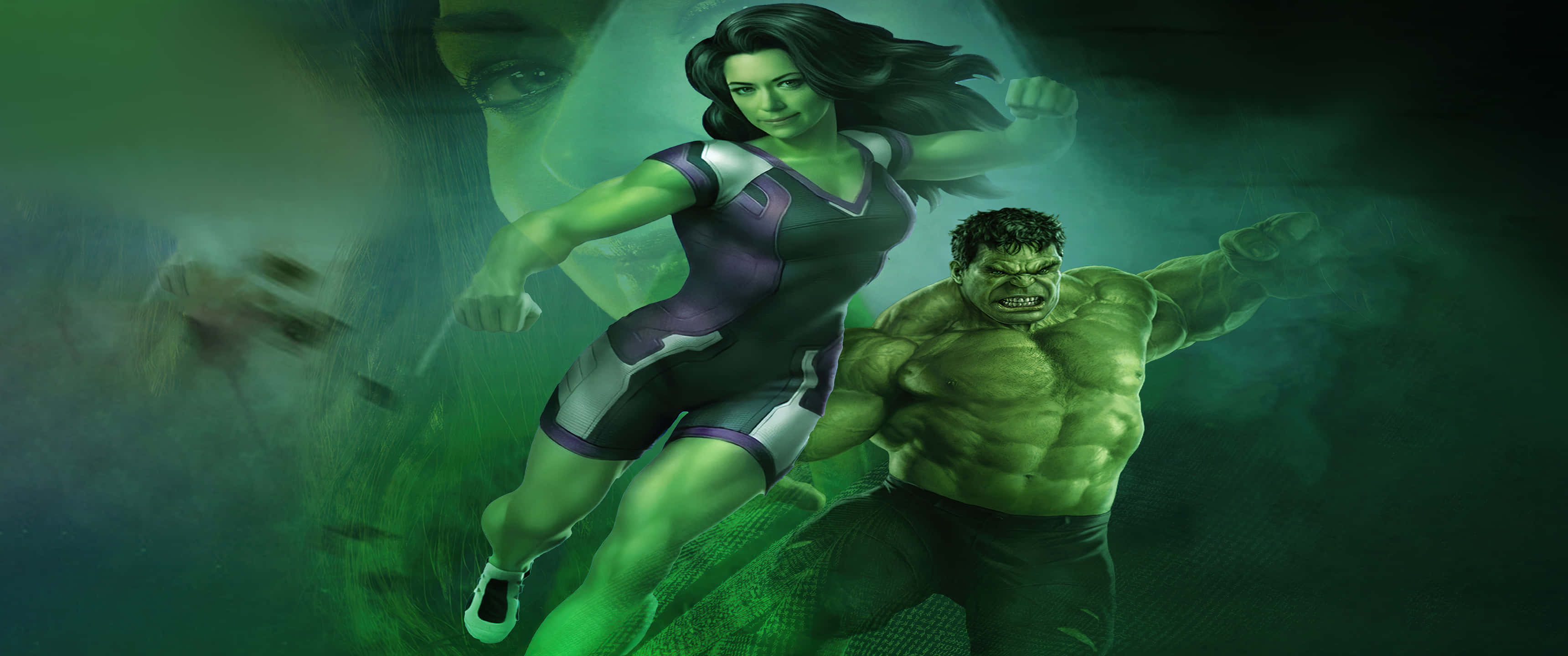 浩克 桌布 壁紙 — She-Hulk 和 Hulk 在霧氣瀰漫的綠色環境中動態跳躍，背景中有一張模糊的臉。
