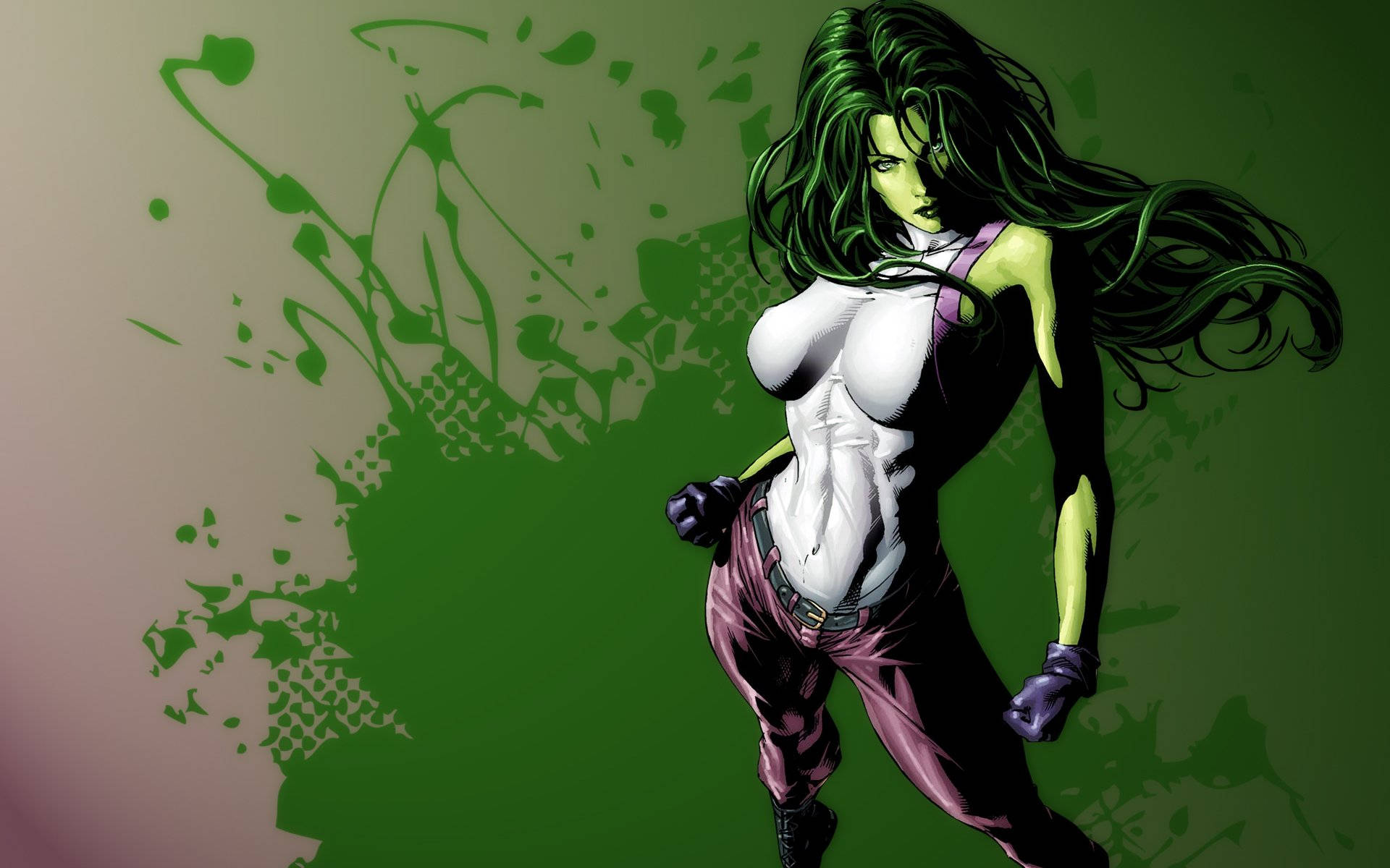 she 桌布 壁紙 — She-Hulk 身穿白色上衣和紫色褲子，在綠色潑濺背景上的動態漫畫插圖。