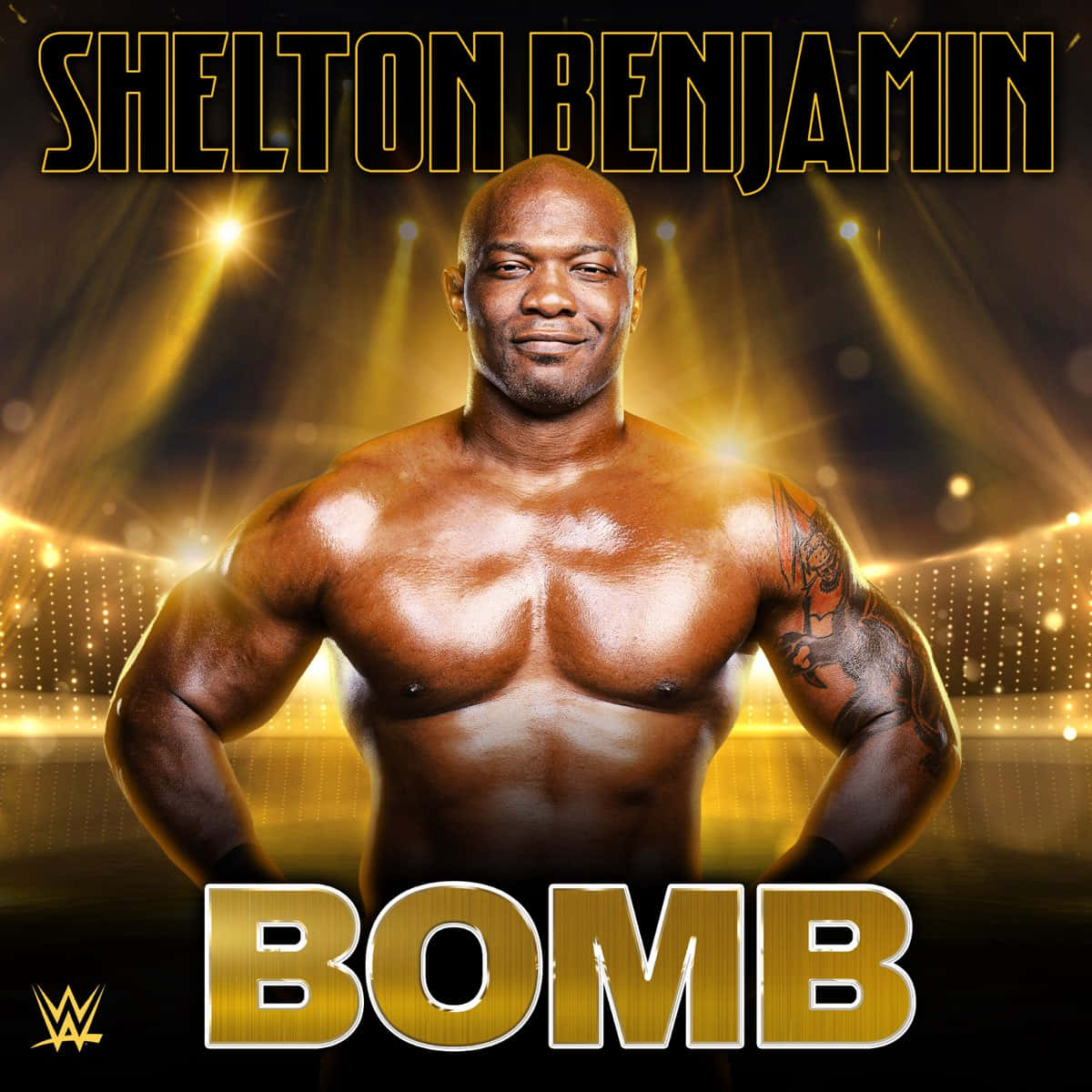摔角 桌布 壁紙 — Shelton Benjamin 自信地赤裸上身，站在金色舞台燈光下，名字下方有「BOMB」文字。