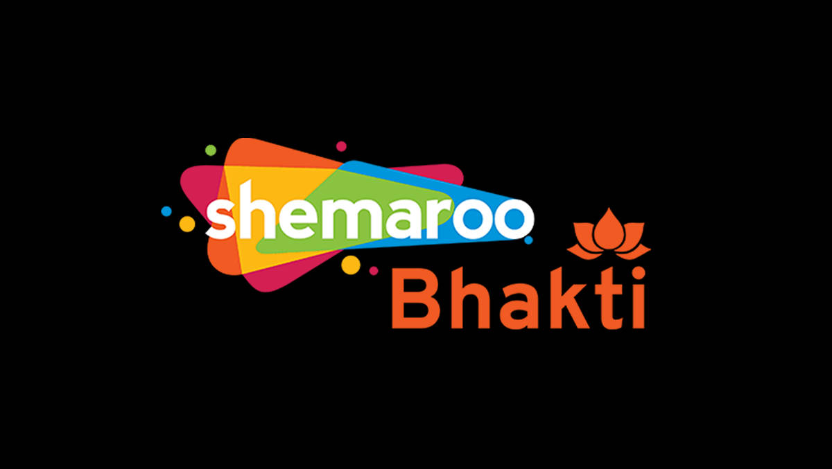 標誌 桌布 壁紙 — Shemaroo Bhakti 的鮮豔標誌，帶有彩色抽象形狀和蓮花圖標，背景為黑色。