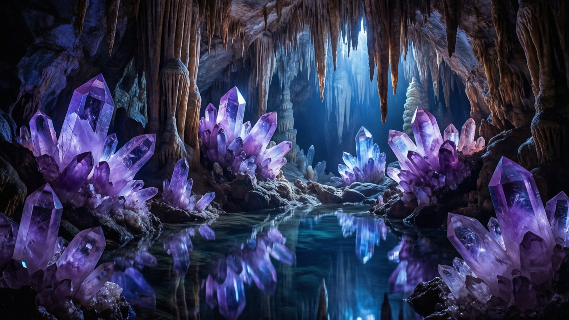 Crystalline Amethyst Cave 壁紙 — 一個神秘的洞穴，被發光的紫色紫水晶晶體照亮，倒映在寧靜的水池中。