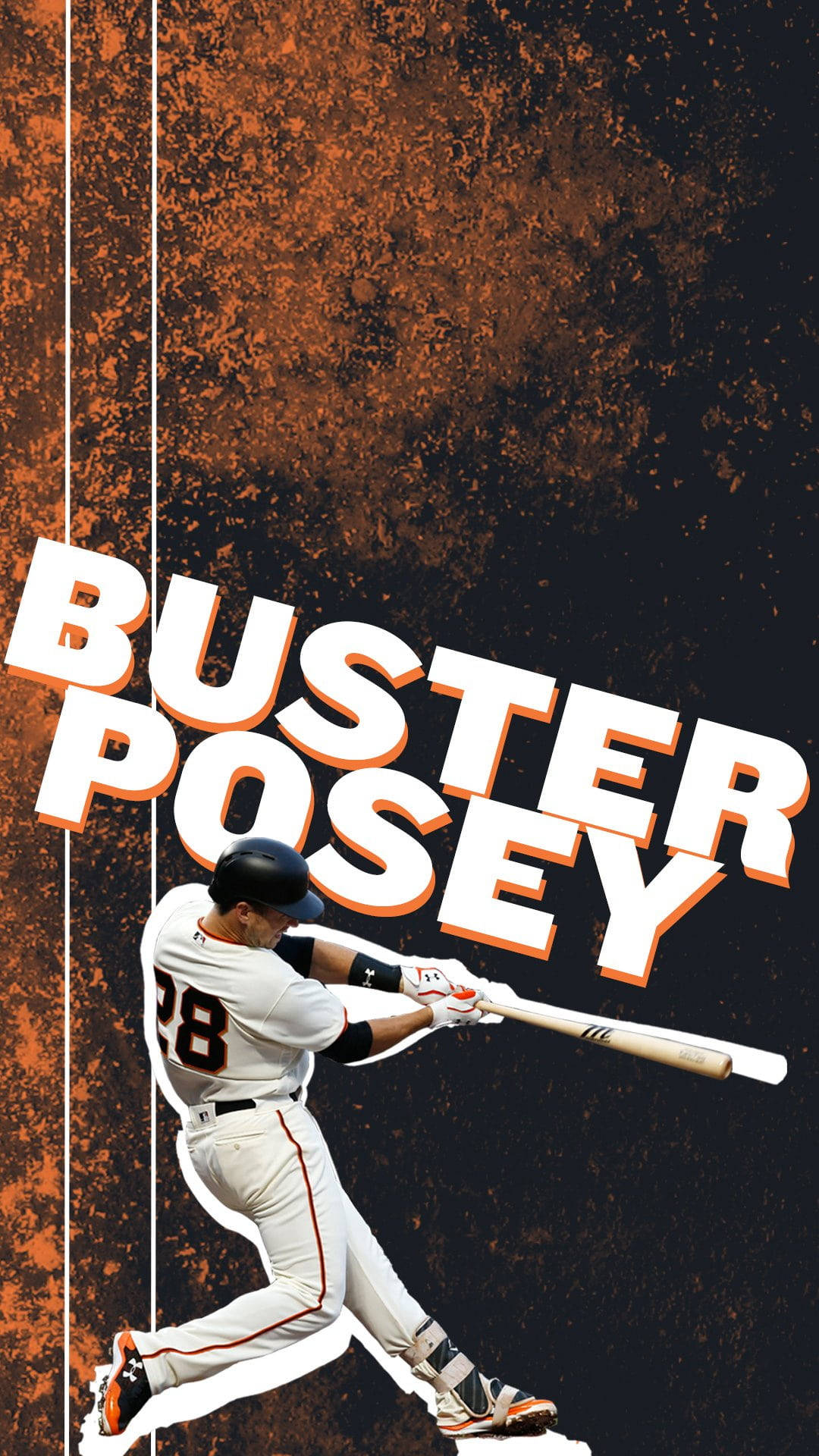 身穿白色球衣的棒球選手Buster Posey在橙色和黑色背景上揮棒。 — MLB 壁紙