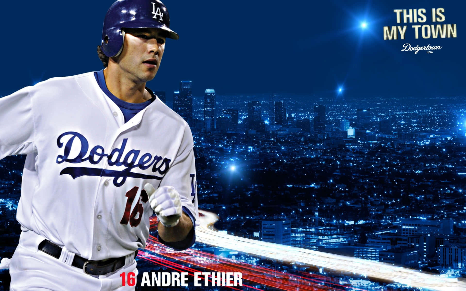  壁紙 — 身穿道奇隊球衣的棒球選手 Andre Ethier 拿著球棒在充滿活力的藍色夜景城市天際線下奔跑，周圍有閃爍的燈光。