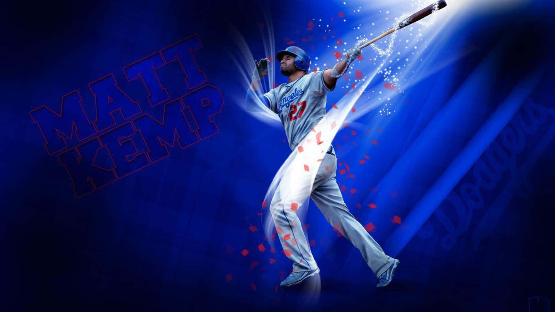  壁紙 — 身穿道奇隊球衣的棒球選手 Matt Kemp 在充滿活力的藍色背景下揮棒，伴隨著發光的能量。