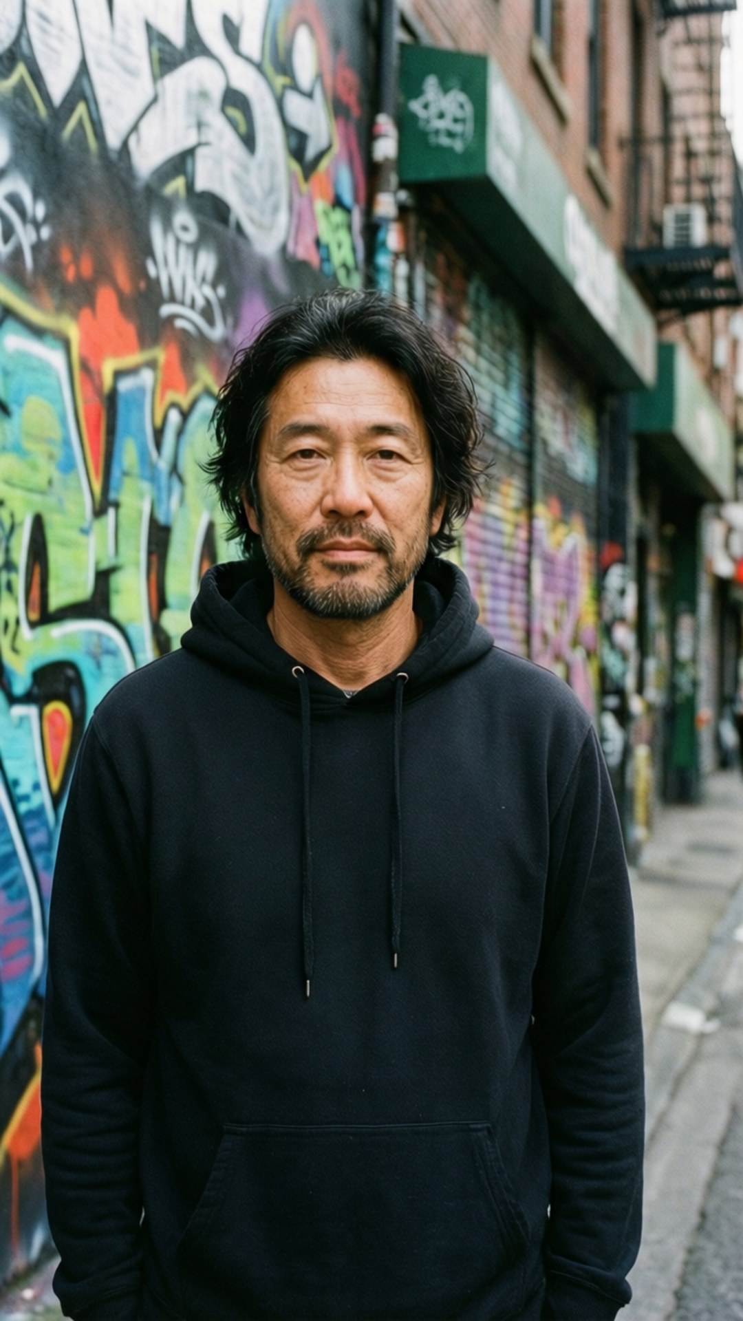 佐野万次郎 桌布 壁紙 — 一名身穿黑色連帽衫的男子，在城市街道上色彩繽紛的塗鴉牆前平靜地站立。