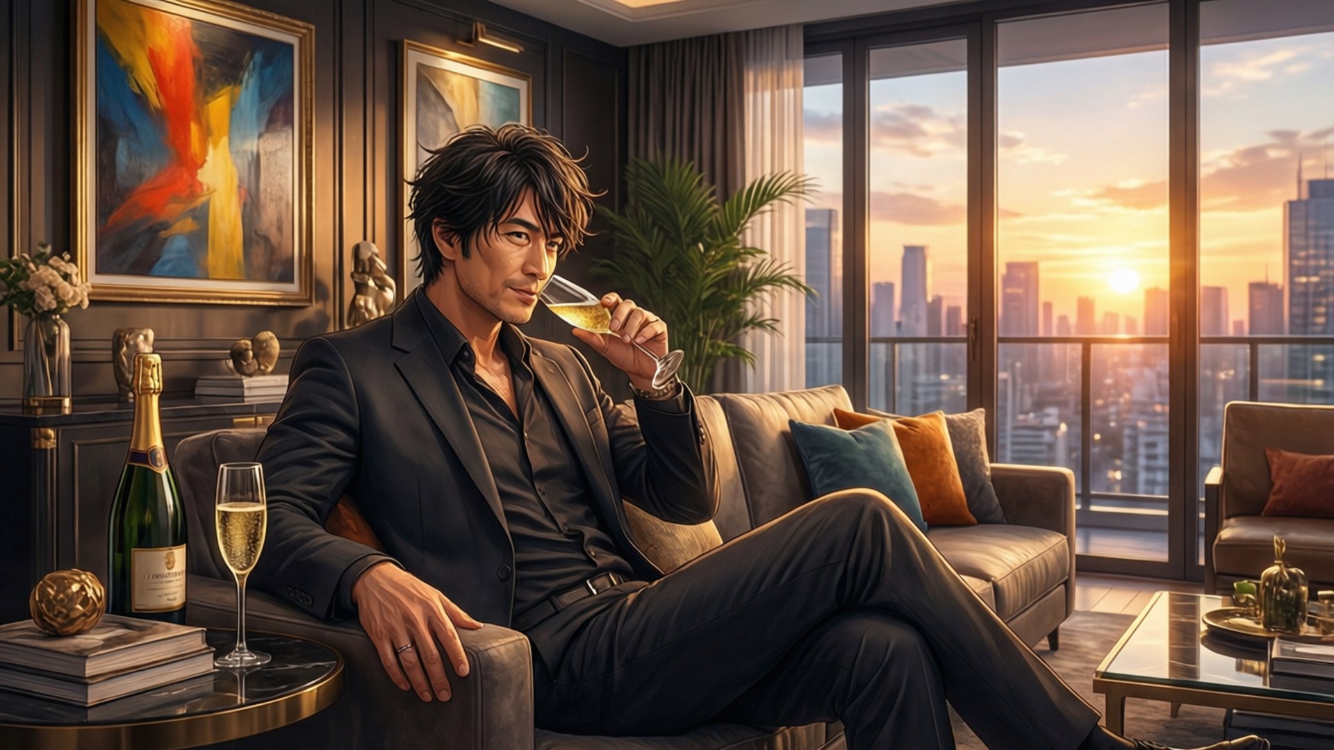 Penthouse Sunset 壁紙 — 一名身穿黑色西裝的男子在沙發上啜飲香檳，夕陽透過落地窗映照在城市天際線上。