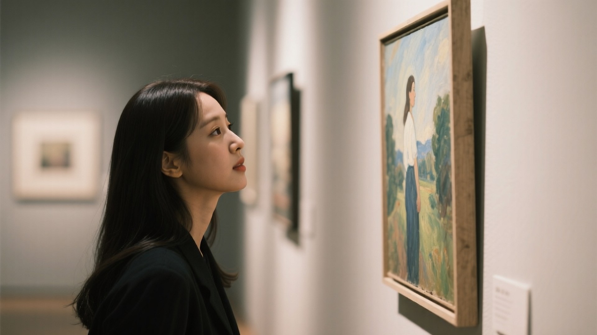 Gallery Visit Taeyeon 壁紙 — 一位深色頭髮、身穿黑色西裝外套的女性，專注地凝視著畫廊牆上一幅裱框的畫作，畫中是一個田野裡的人物。
