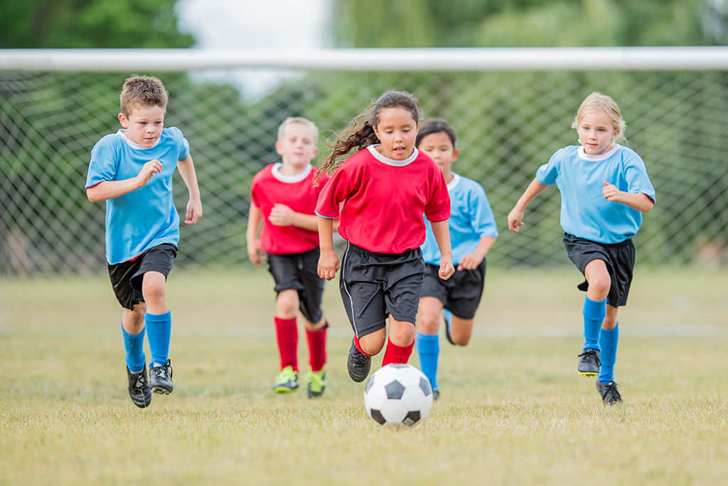 Kids Soccer 桌布 壁紙 — 身穿紅色和藍色球衣的年輕足球運動員在草地上奔跑追逐黑白足球。