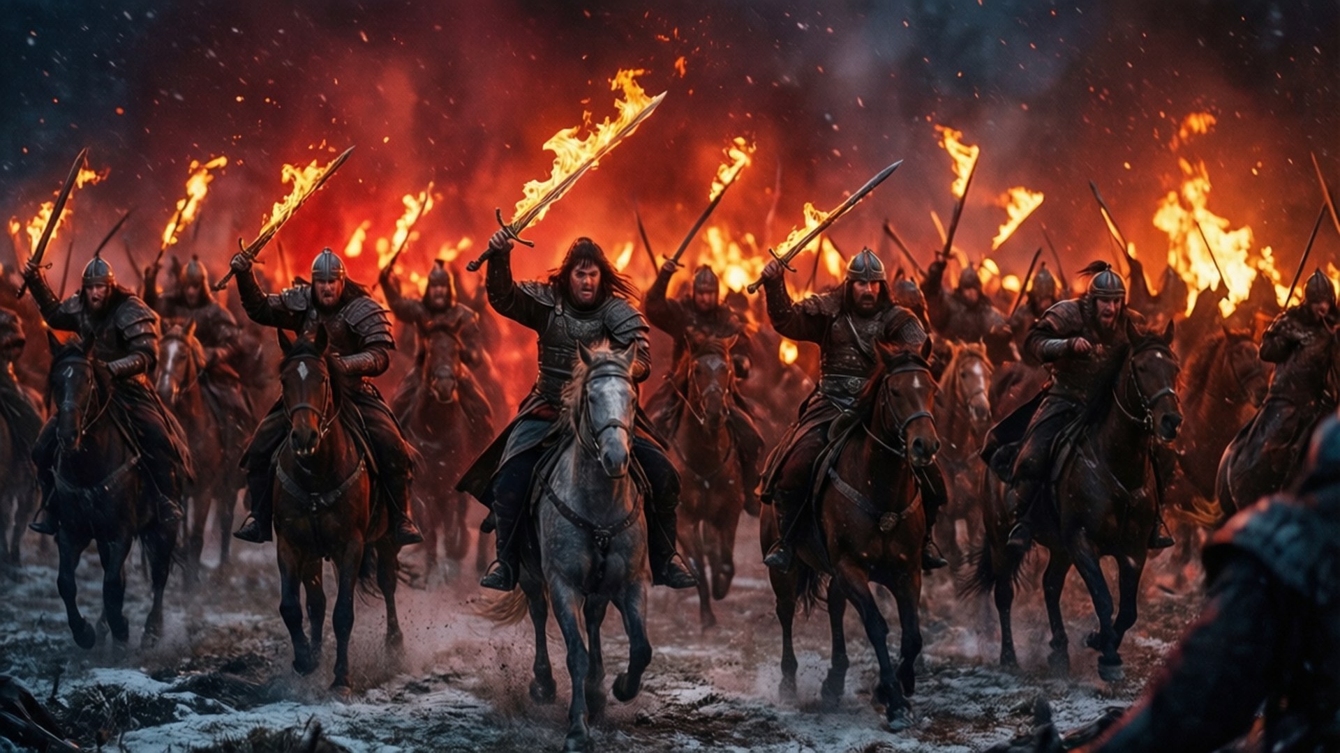 Dothraki Charge 壁紙 — 身穿盔甲的騎士騎著馬，在白雪覆蓋的戰場上衝鋒，四周是咆哮的火焰和飛舞的火星。
