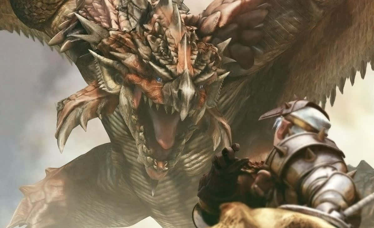 Monster Hunter Monsters 桌布 壁紙 — 一名身穿盔甲的戰士面對一隻擁有發光藍眼的巨型尖刺龍，場景充滿戲劇性的奇幻戰鬥。
