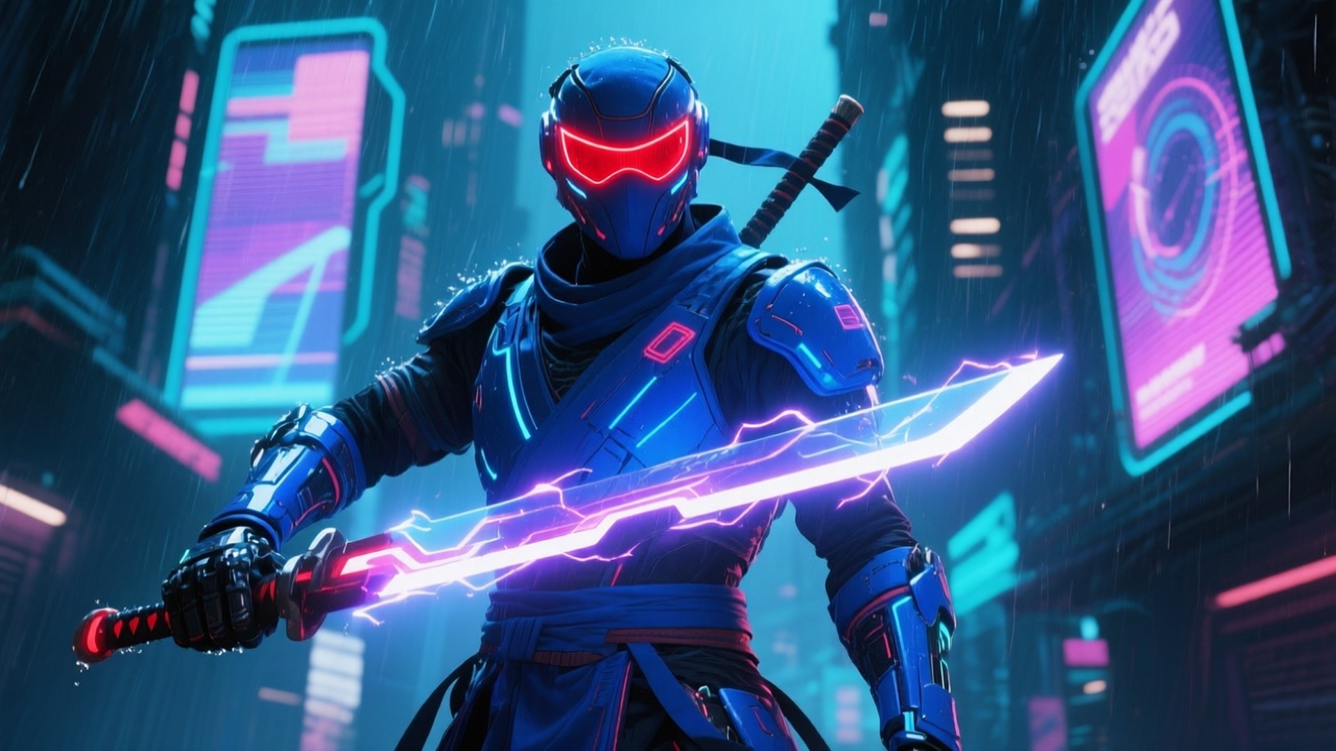 Cyber Ninja Synthwave 壁紙 — 身穿藍色盔甲的網路忍者，在霓虹雨中揮舞著發光的劍，背景是未來主義的城市景觀。