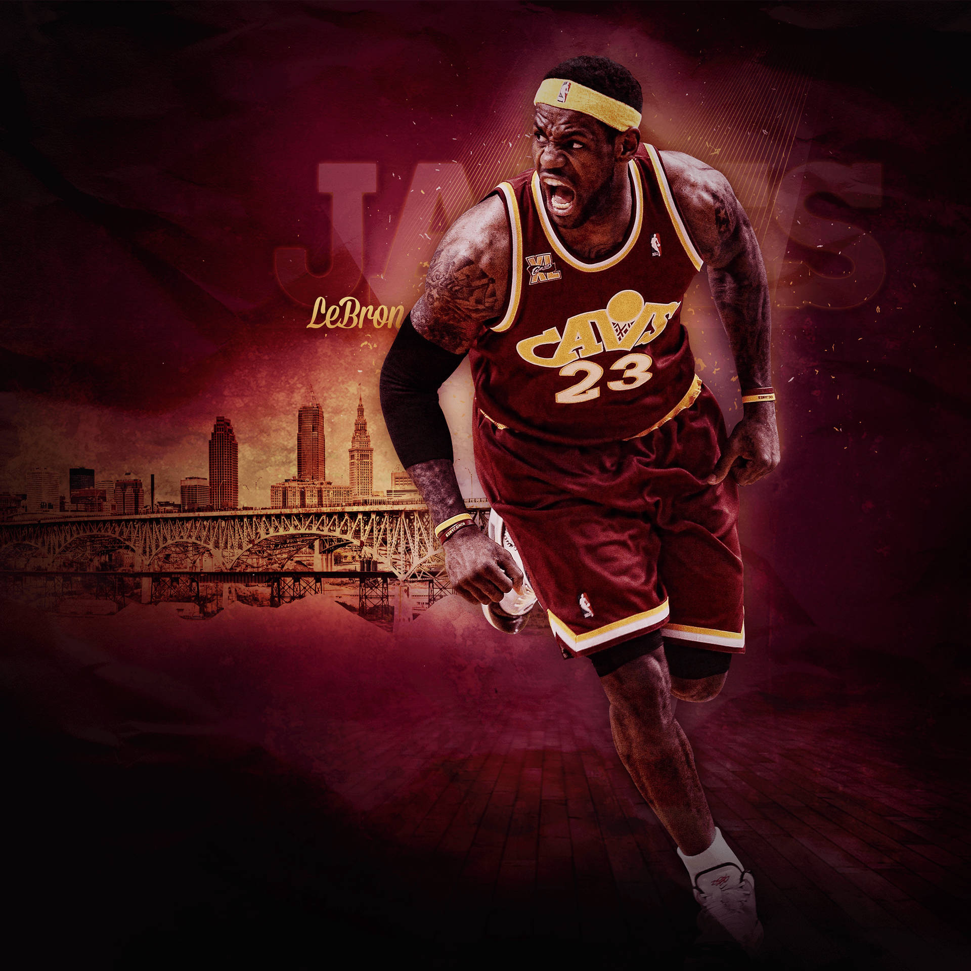 身穿騎士隊球衣的勒布朗·詹姆斯奔跑，身後是城市天際線。 — 酷 NBA 壁紙