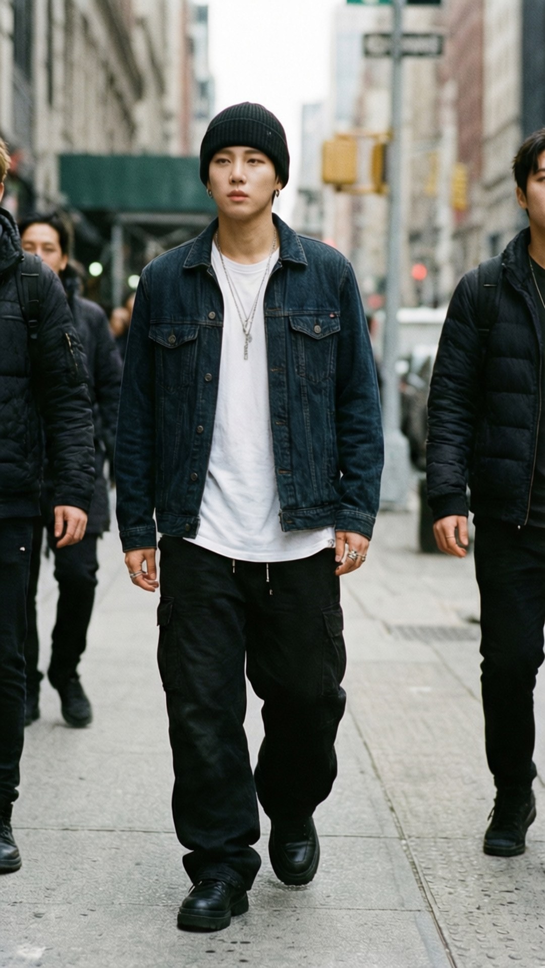 G-dragon 桌布 壁紙 — 一位身穿牛仔外套和毛帽的年輕男子自信地走在繁忙的城市人行道上，周圍都是行人。