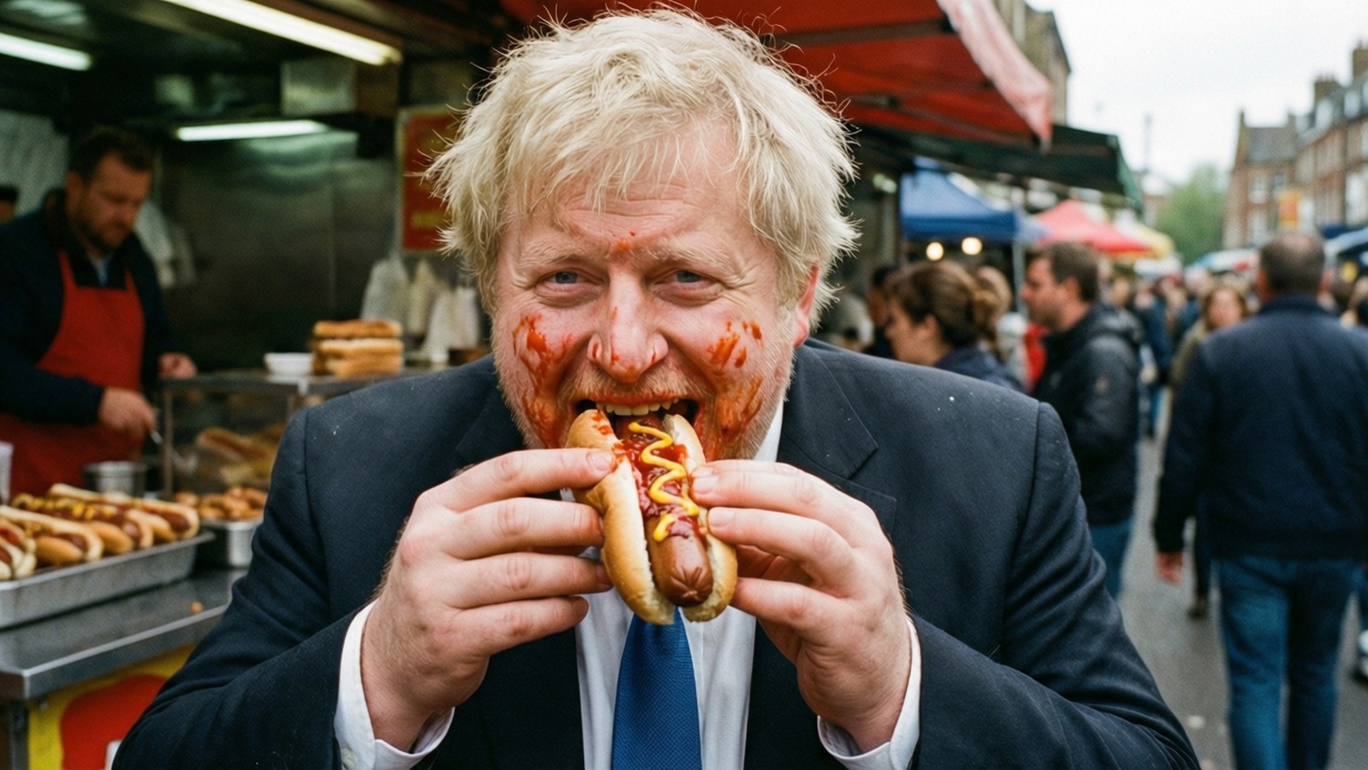 Hot Dog Boris 壁紙 — 一名身穿西裝的男子在繁忙的路邊攤熱情地咬著熱狗，臉上沾滿了番茄醬和芥末。