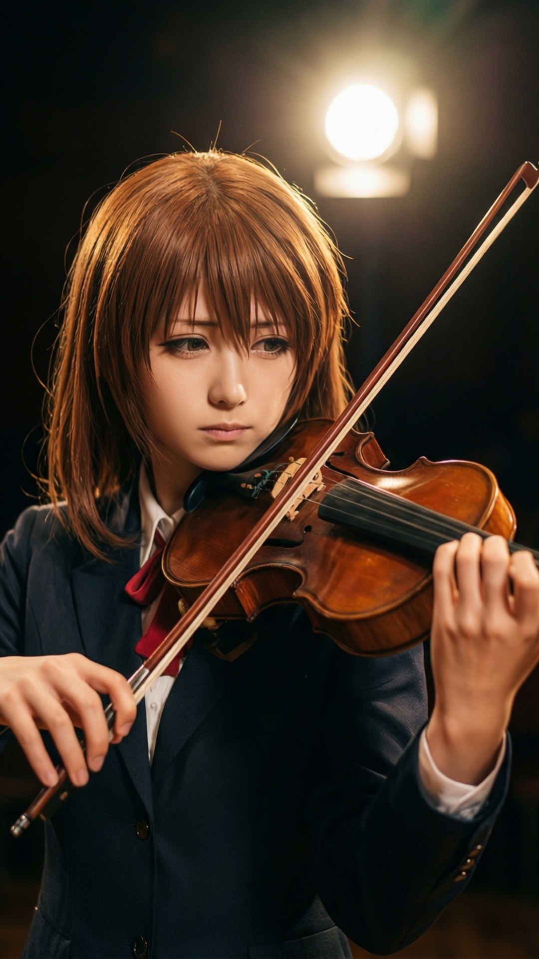 Kotomi's Performance 壁紙 — 一位身穿深色校服的年輕女性在黑色背景前，於單一明亮聚光燈下演奏小提琴。