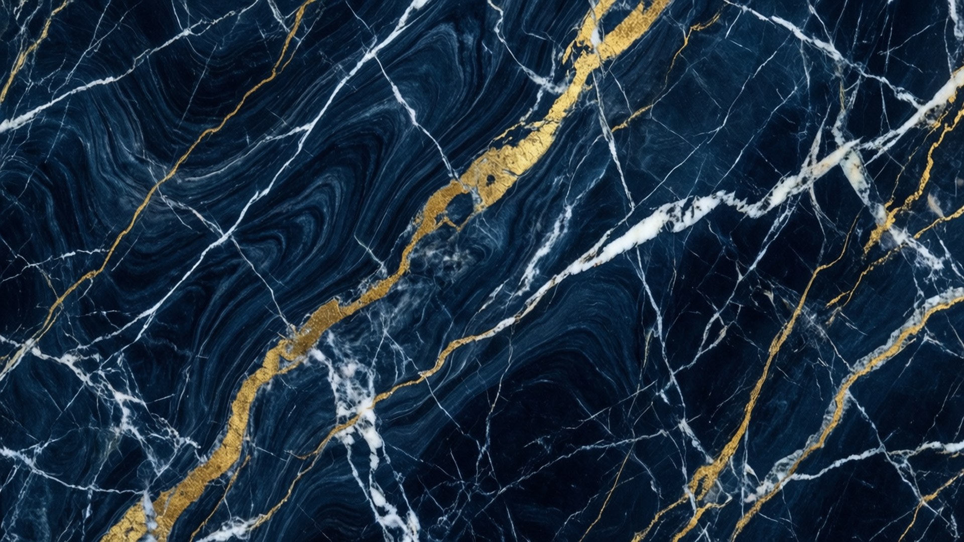 Navy Marble Luxe 壁紙 — 深海軍藍大理石，表面有白色和金色大膽紋理，以有機圖案旋轉。