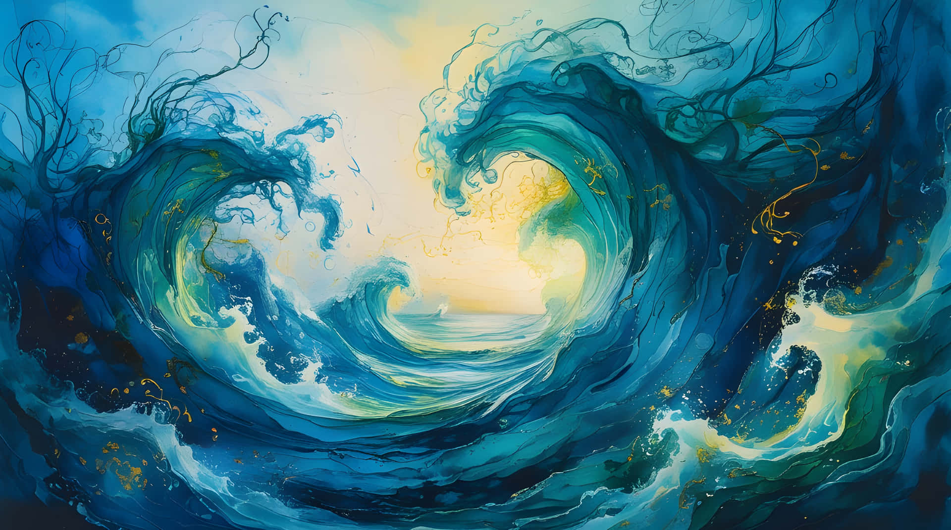 抽象畫，描繪衝擊的海浪，帶有藍色和金色色調，背景是發光的地平線。 — Pastel 壁紙