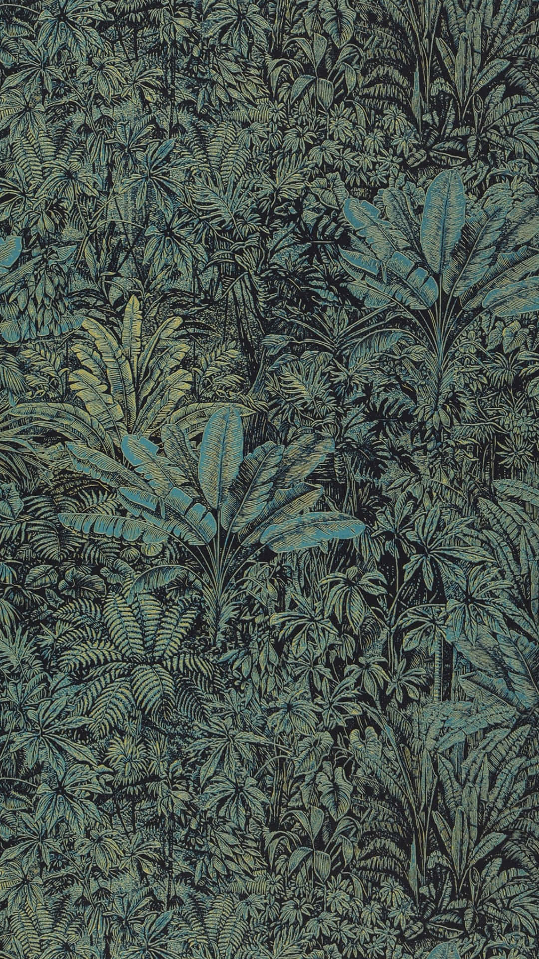  壁紙 — 深藍綠色和橄欖綠的茂密熱帶葉子營造出鬱鬱蔥蔥的叢林壁紙圖案。