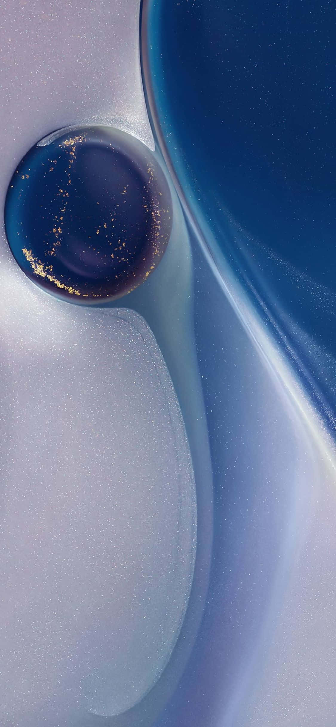 深藍色和銀色漩渦中帶有閃閃發光金色球體的抽象宇宙流體。 — iPhone 11 Pro Max 壁紙