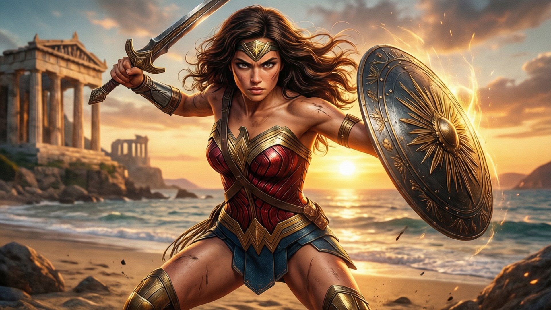 DC Animated Universe 桌布 壁紙 — 神力女超人在日落時分，手持劍盾，挑釁地站在陽光明媚的海灘上，身後是古希臘遺跡。
