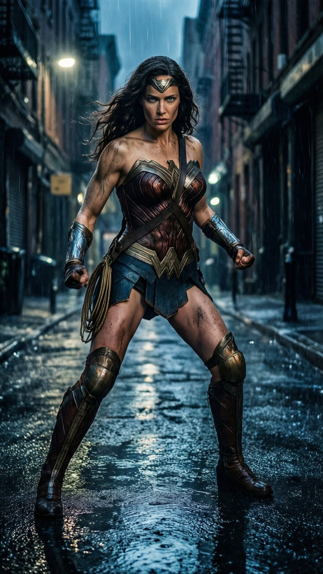 Rainy Alley Wonder Woman 壁紙 — 神力女超人在雨水浸濕的小巷中挑釁地站立，她的盔甲在街燈下閃閃發光，水流圍繞她強大的姿態傾瀉而下。