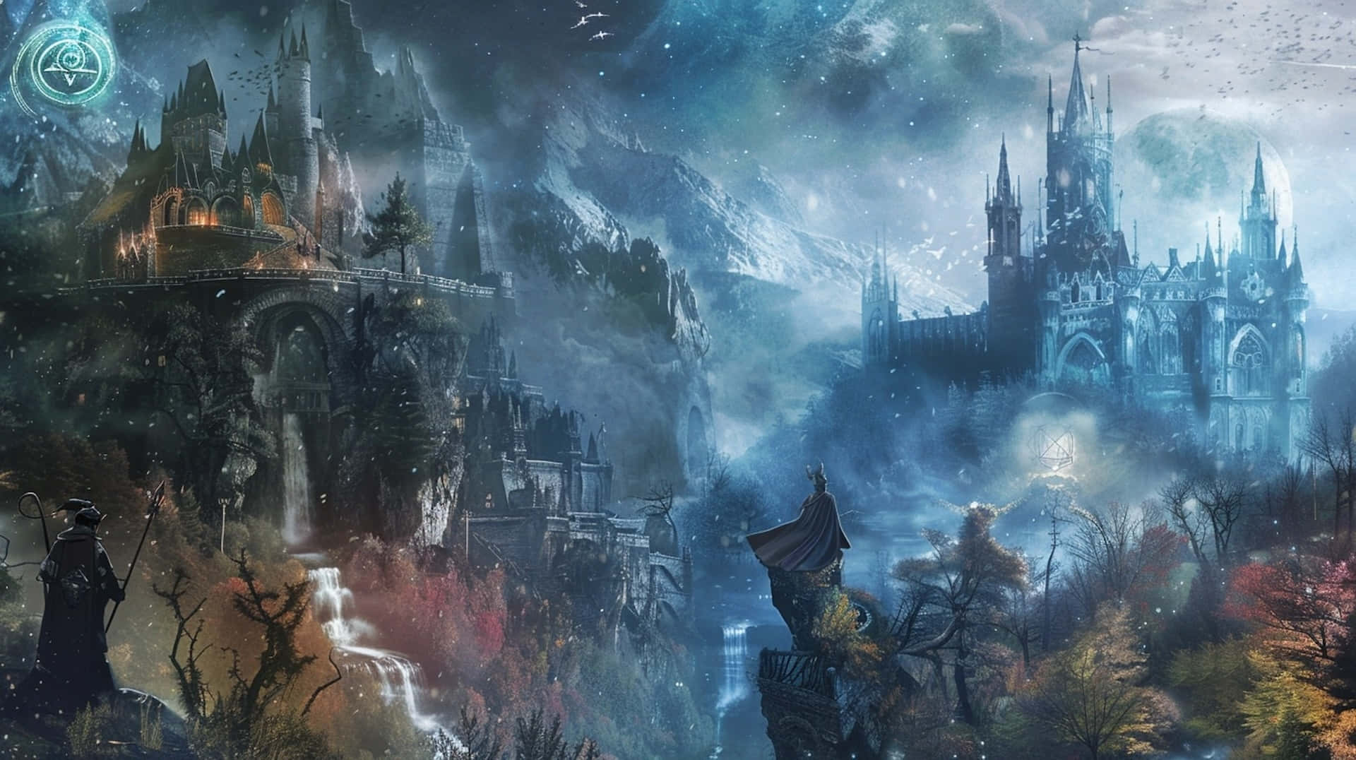  壁紙 — 神秘的奇幻風景，兩座宏偉城堡矗立在懸崖上，星空夜空下，閃耀的月亮和魔法符號。