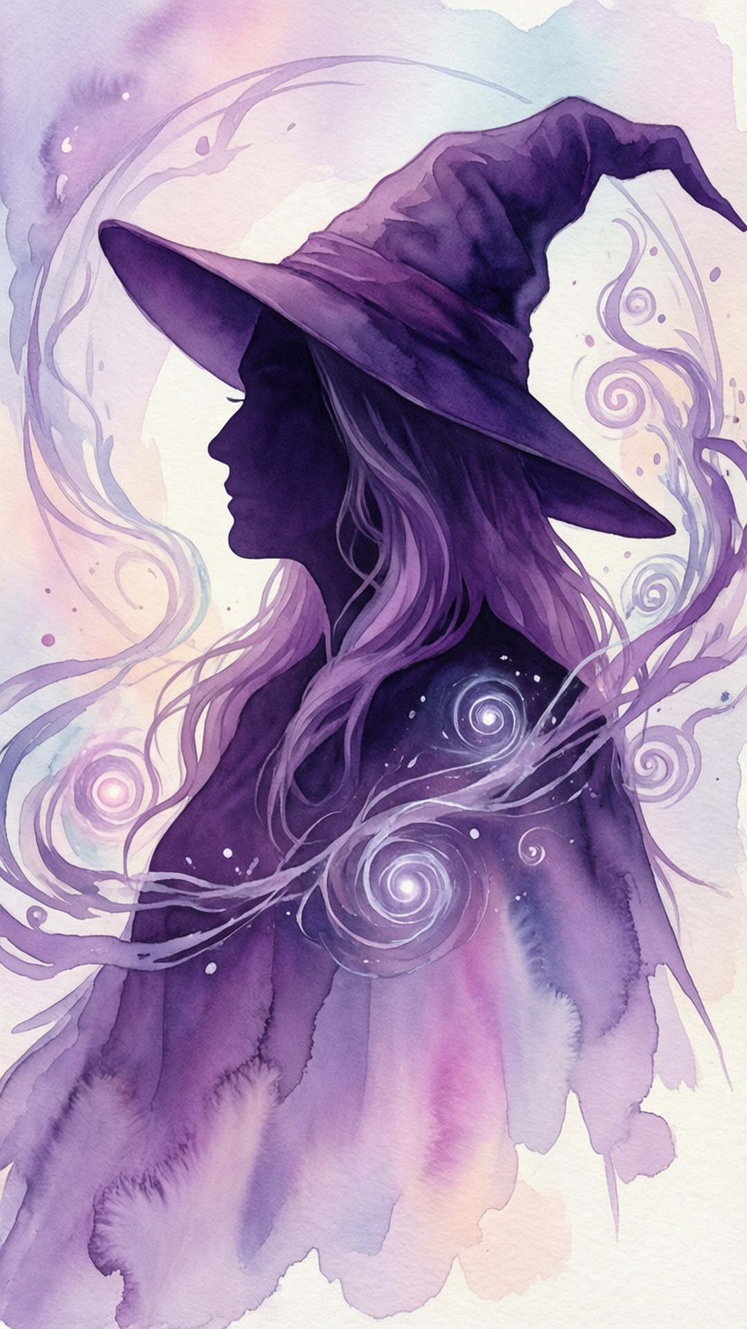 Agatha Harkness 桌布 壁紙 — 一位神秘的女巫，戴著紫色帽子，頭髮飄逸，在紫色和粉紅色的漩渦宇宙背景中形成剪影。