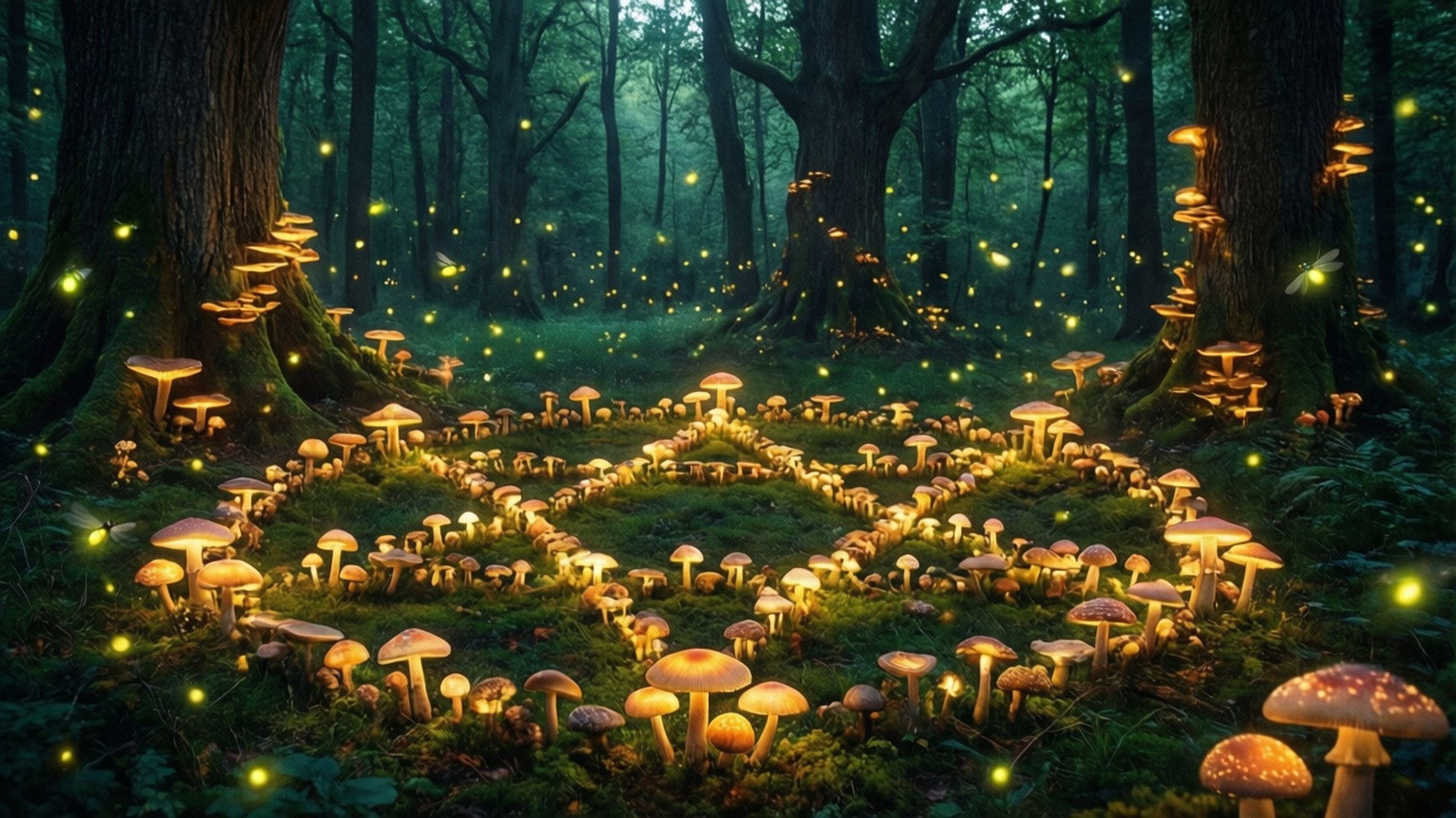 Glowing Mushroom Pentagram 壁紙 — 神秘森林地面被發光蘑菇和螢火蟲照亮，在古老樹幹周圍形成放射狀螺旋圖案。