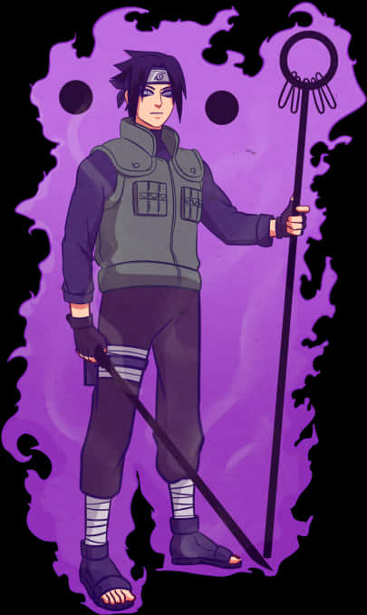 動漫忍者角色手持法杖，背景為紫色煙霧。 — Sasuke 壁紙