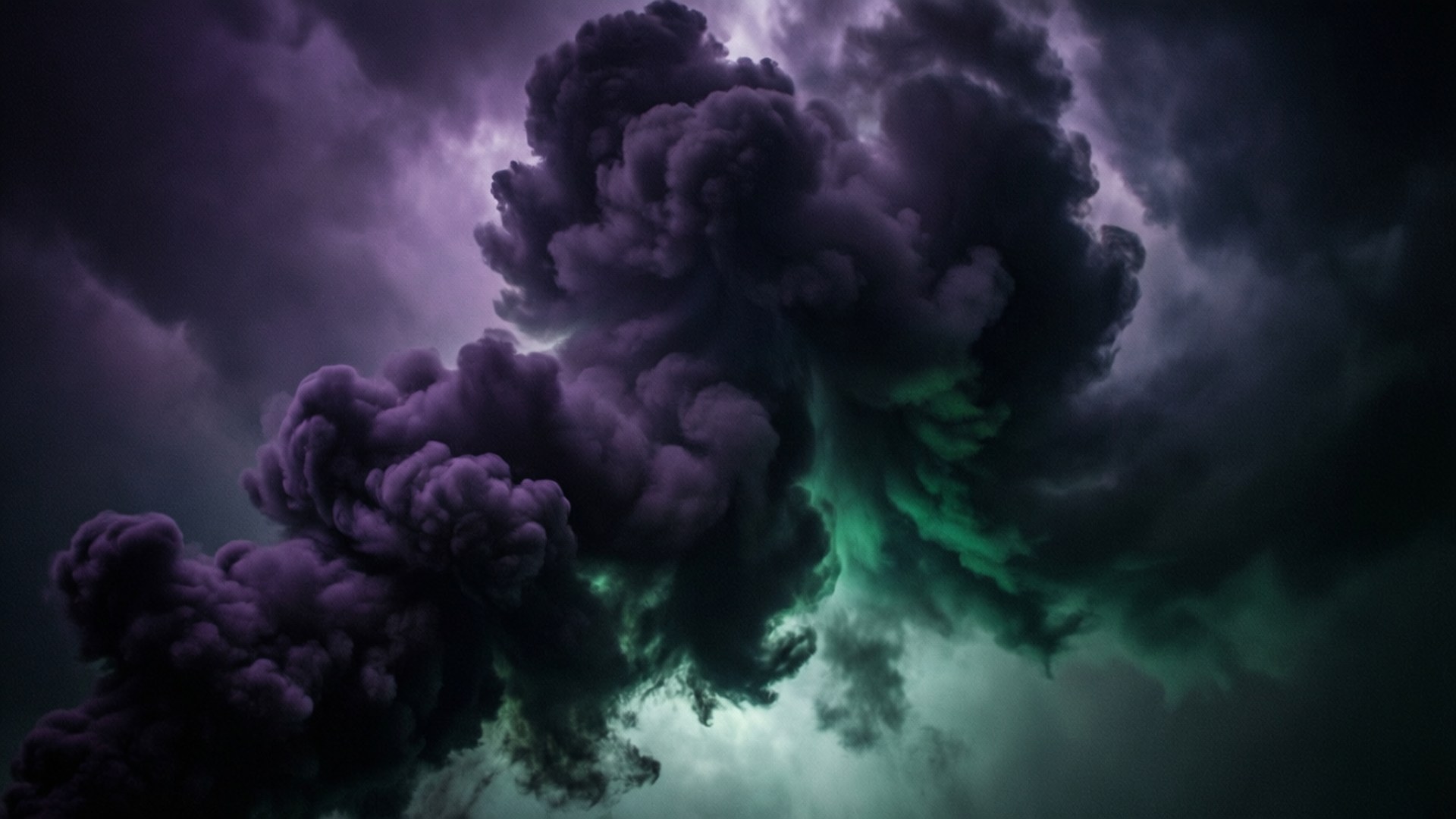 Gothic Shadow Cloud 壁紙 — 深紫色和電光綠色的密集漩渦雲層在黑暗暴風雨的天空中戲劇性地翻騰。