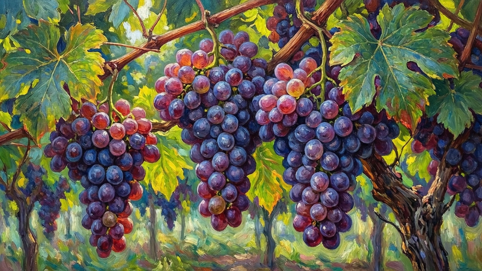 Impressionist Grapevine 壁紙 — 深紫色和紅色的茂密葡萄串在斑駁的陽光下，在充滿活力的綠葉中沉重地垂在藤蔓上。