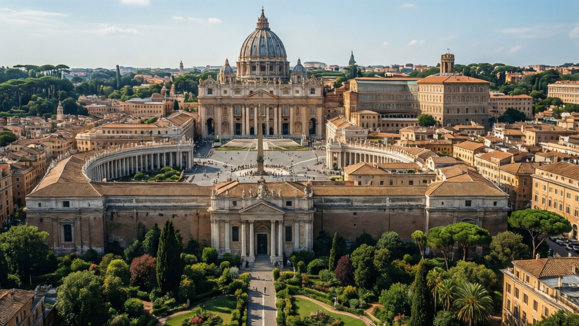 Holy See 桌布 壁紙 — 聖伯多祿大教堂和梵蒂岡城的鳥瞰圖，金色圓頂和赤陶屋頂在明亮的藍天下。