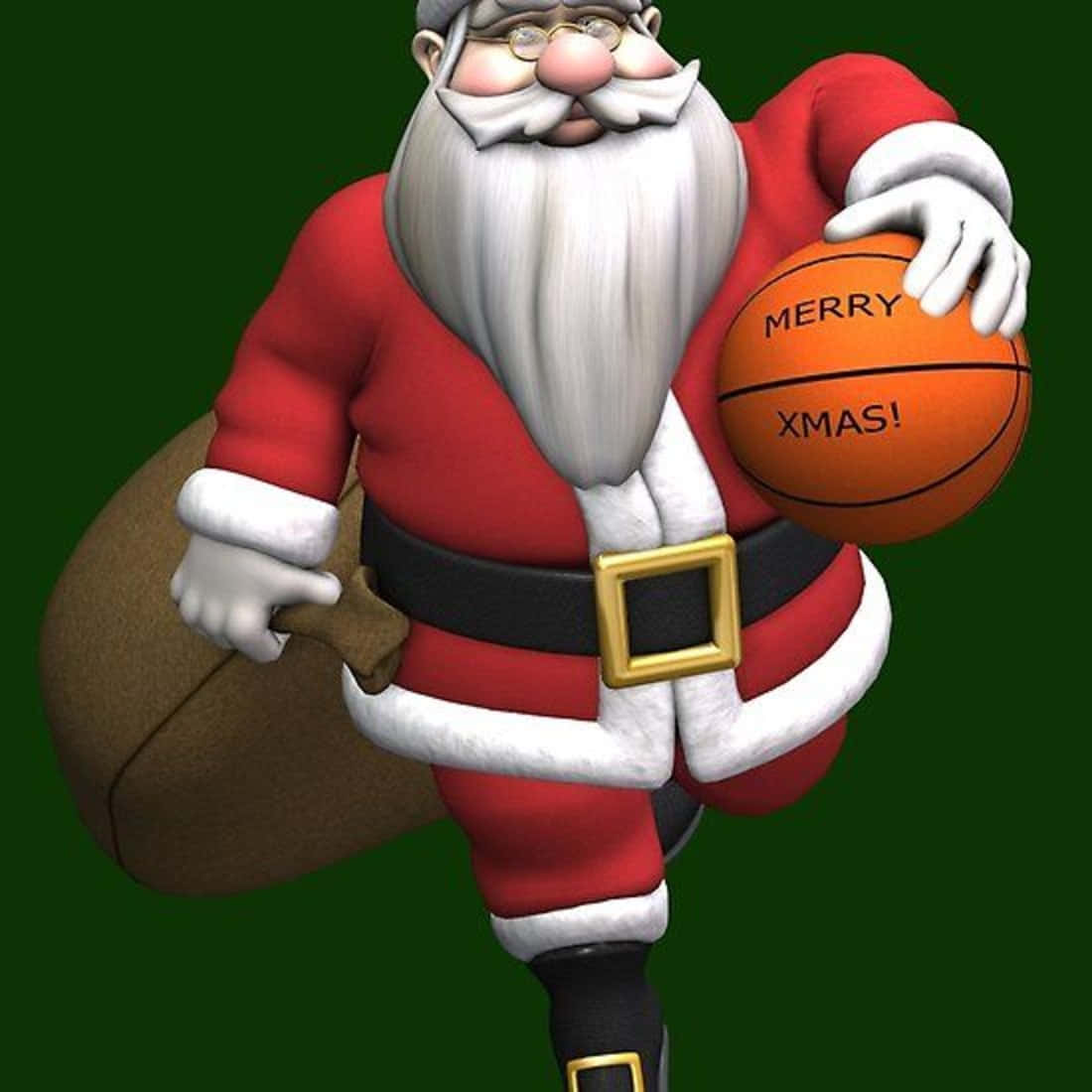 聖誕老人手持寫有「Merry Xmas」的籃球，並背著一個袋子。 — NBA聖誕節 壁紙