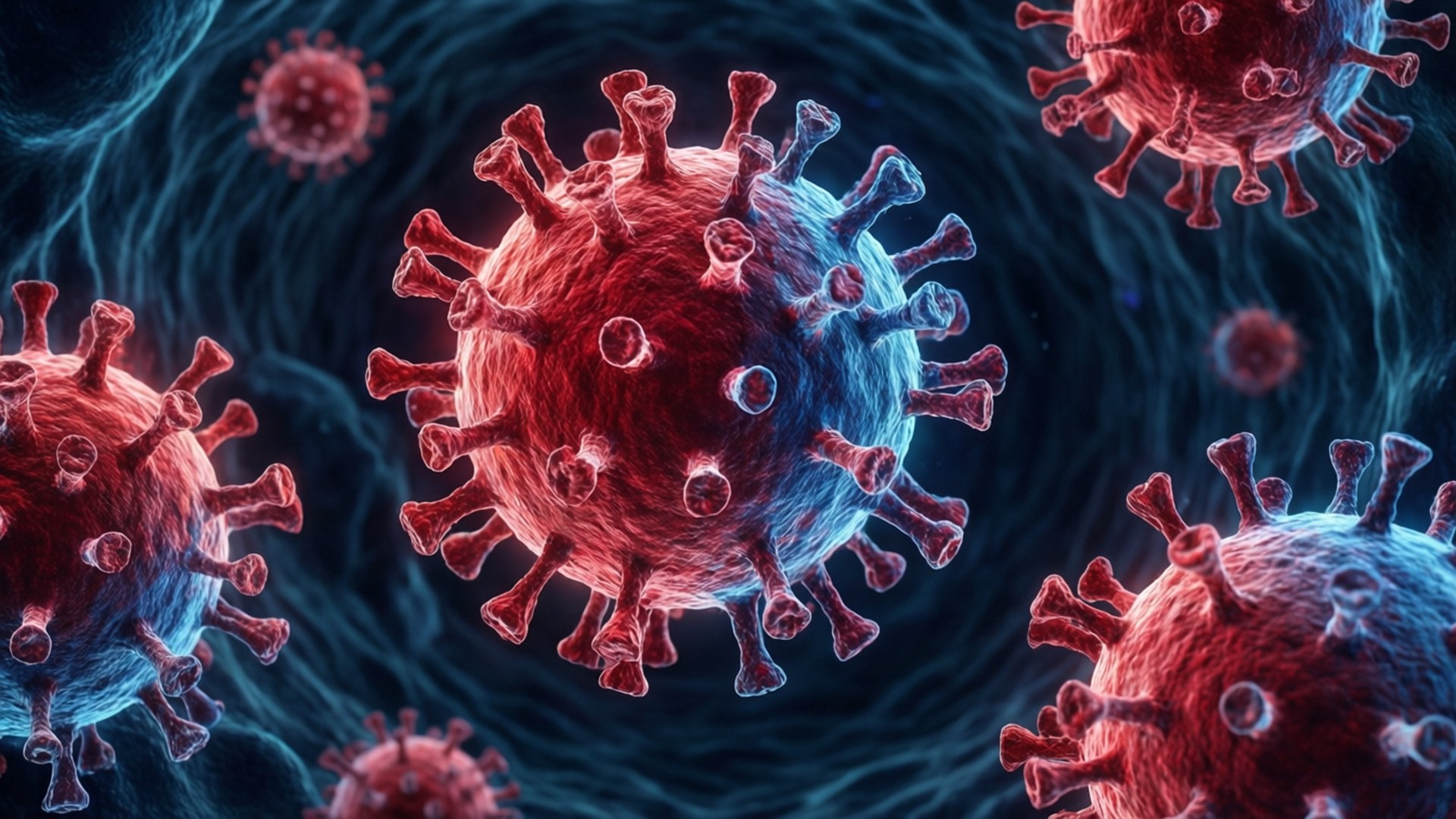 Disease 桌布 壁紙 — 生動的3D渲染，紅色和藍色病毒顆粒帶有刺突蛋白，漂浮在黑暗的細胞環境中。
